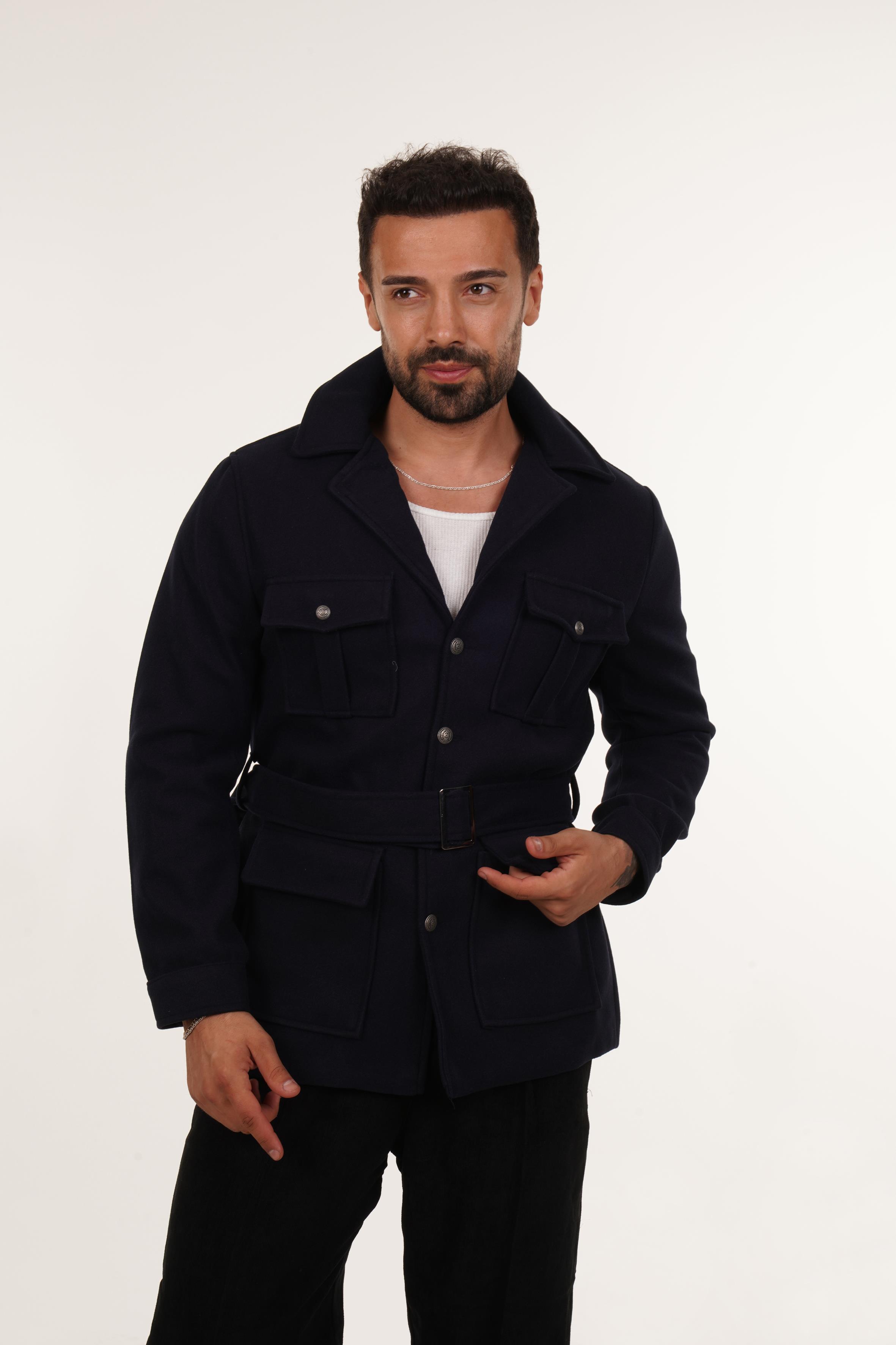 KAŞE KABANLacivert Kemerli Kaşe Mont 5030