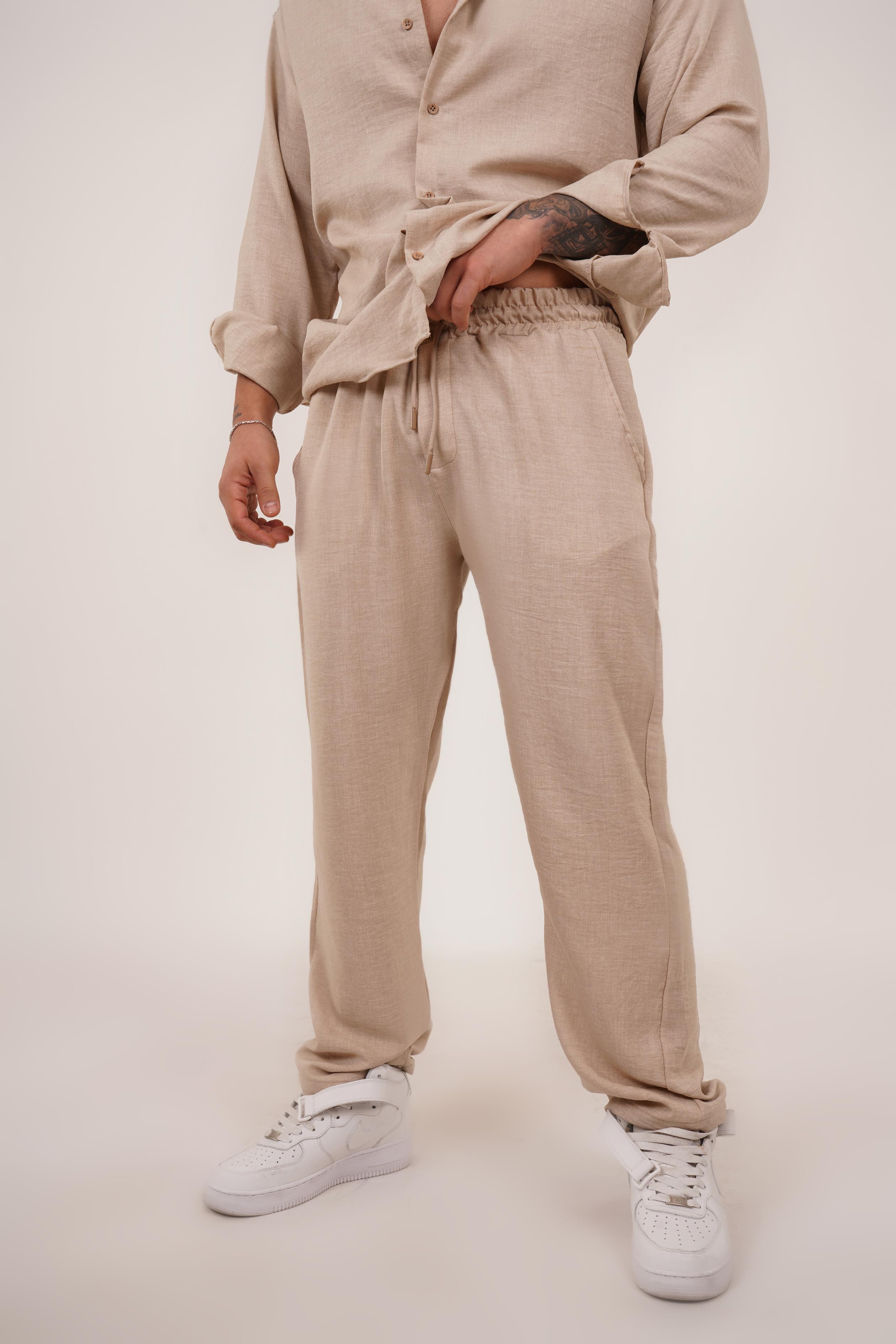 KETEN PANTOLONBej Bol Bağcıklı Keten Pantalon TK 1019