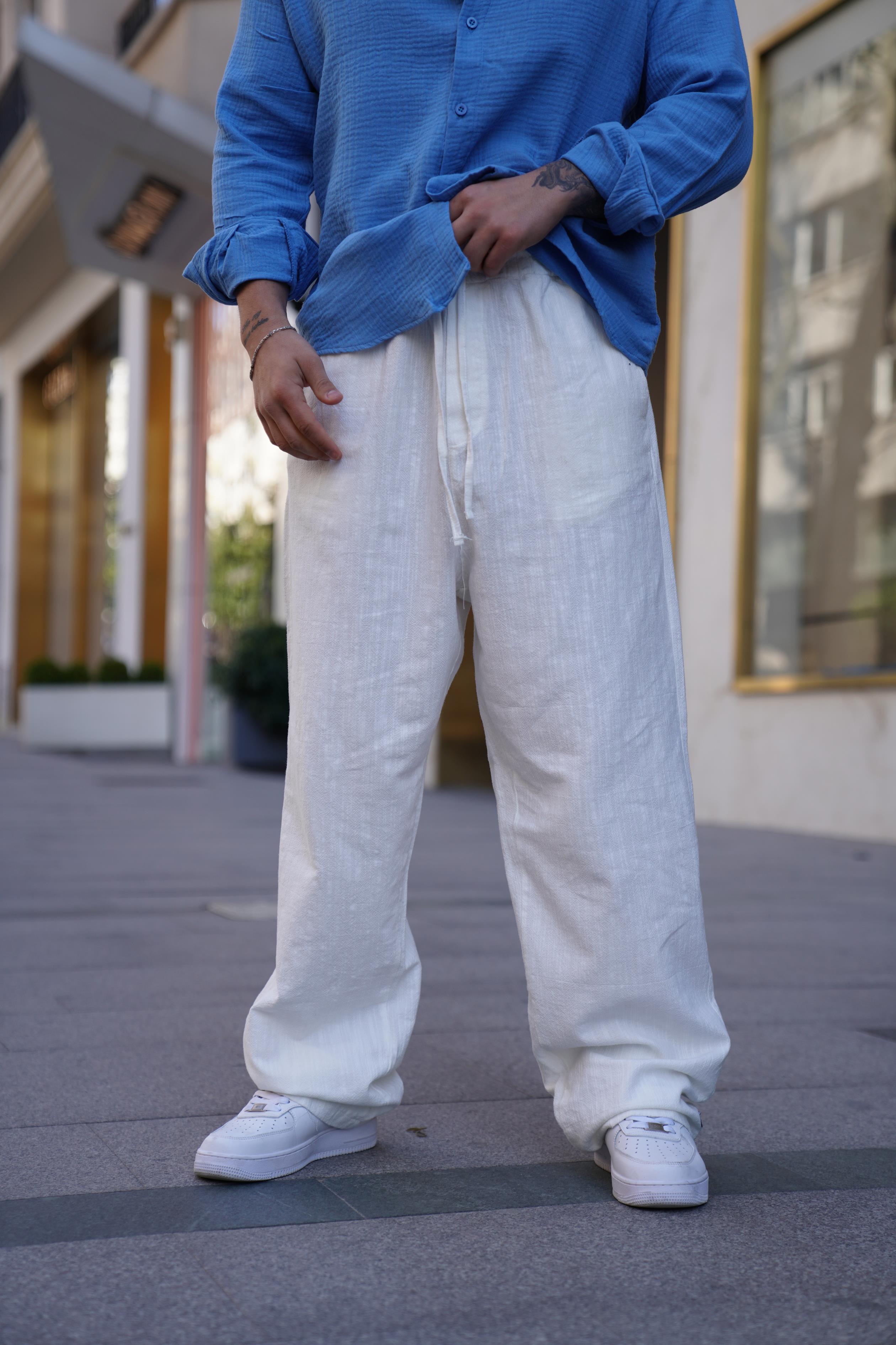 KETEN PANTOLONBeyaz Bağcıklı Bol Oversize Keten Pantolon VMS 40817