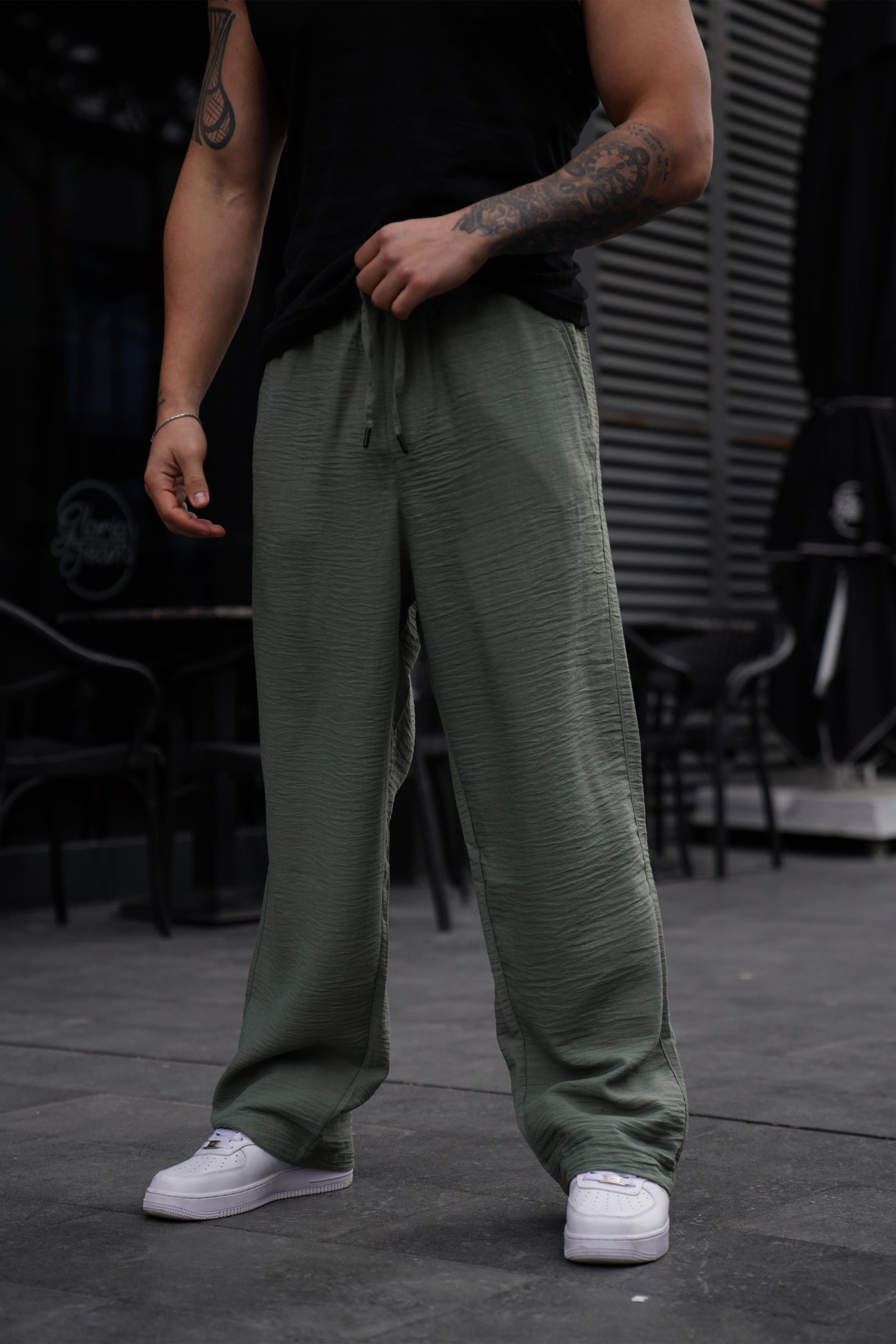 KETEN PANTOLONHaki Keten İçten Bağcıklı Bol Kalıp Pantolon VMS 30336