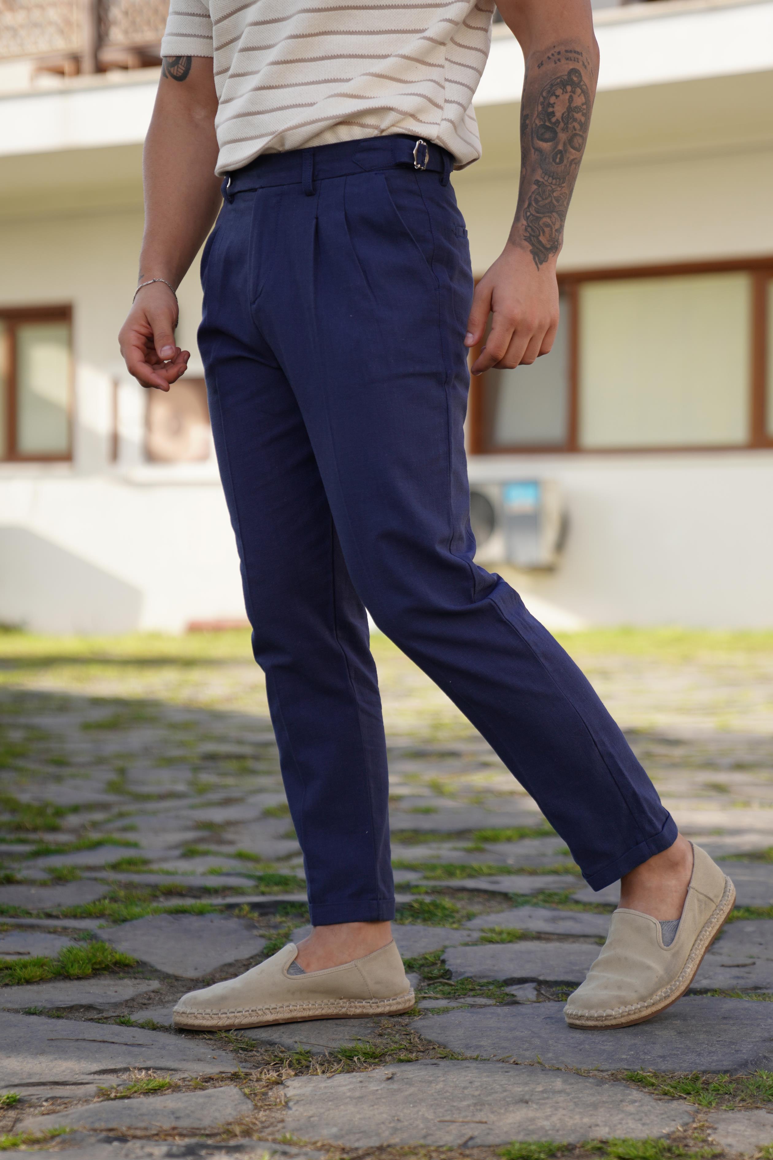 KETEN PANTOLONLacivert Tokalı Duble Boru Paça Keten Pantolon SNZ 3938