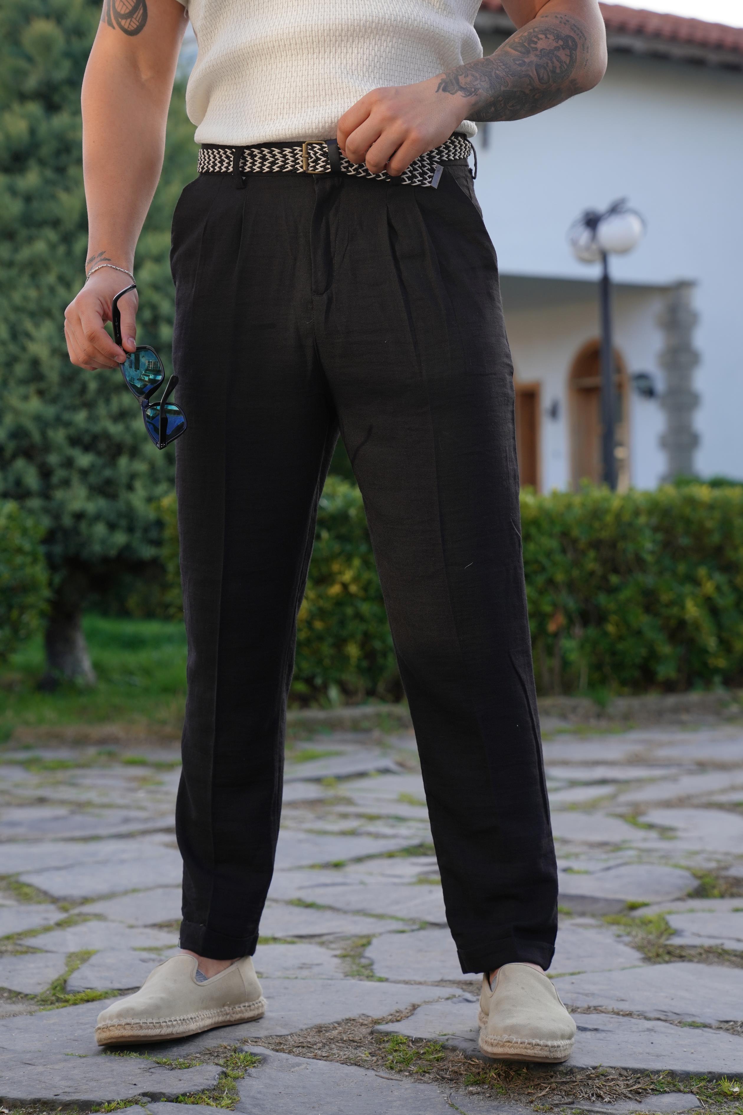 KETEN PANTOLONSiyah Hasır Kemerli Duble Boru Paça Keten Pantolon SNZ 3890