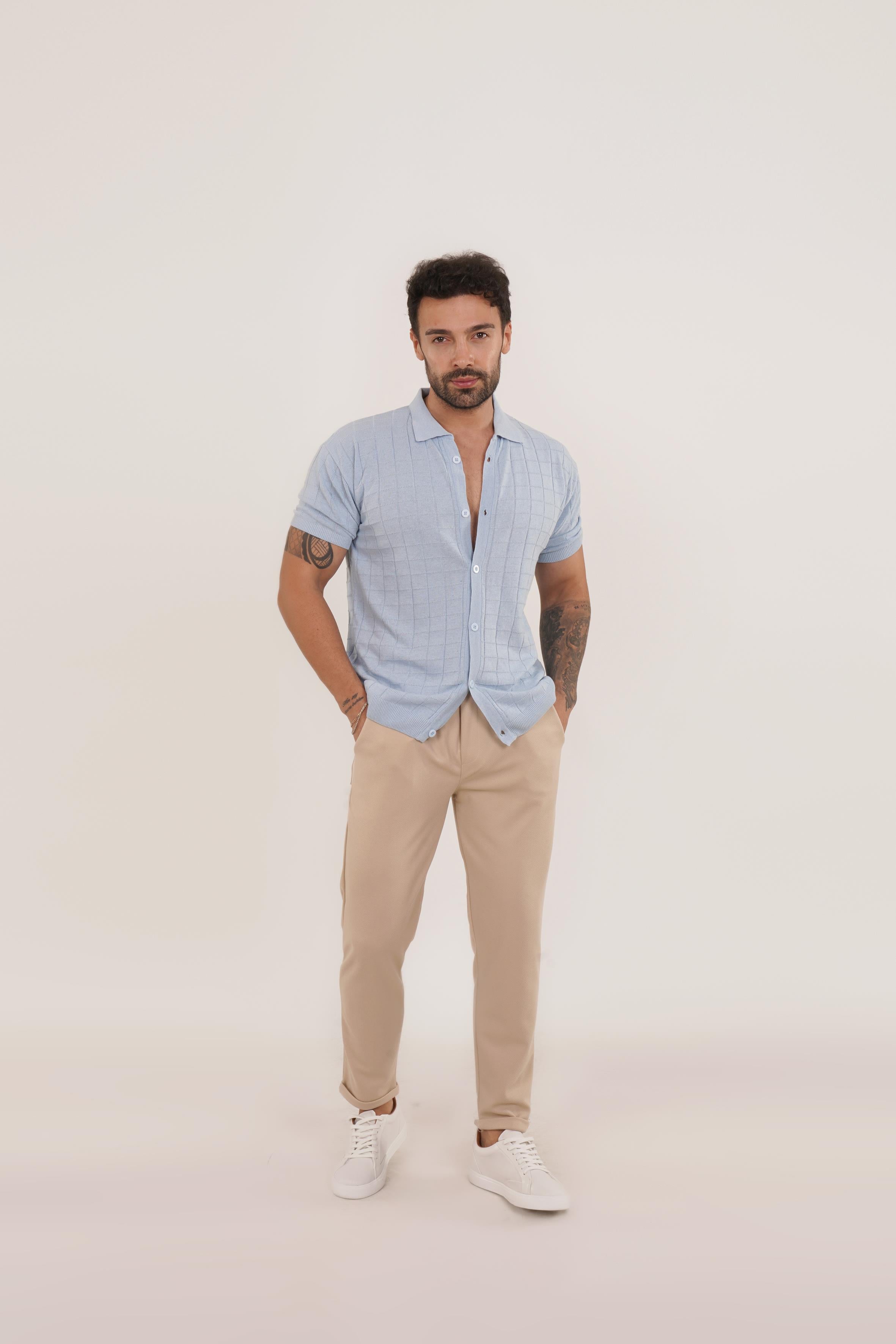 KOMBİNBebemavi Triko Desenli Gömlek TB, Krem Diagonel Bel Lastik Pant Tk KOMBİN