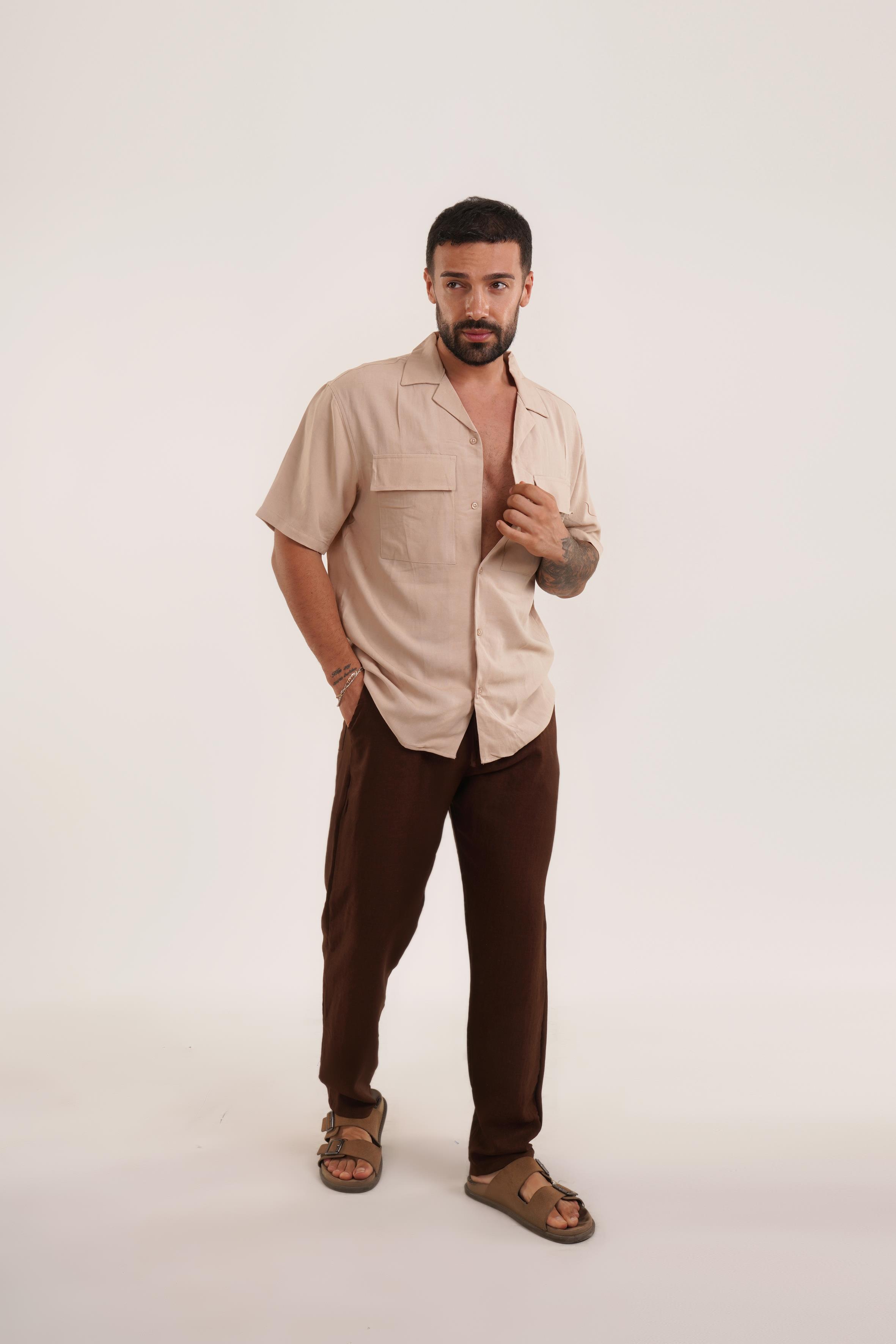 KOMBİNBej Çift Cepli Keten Gömlek VMS 30258, Kahve Keten Baggy Pantolon KNG KOMBİN