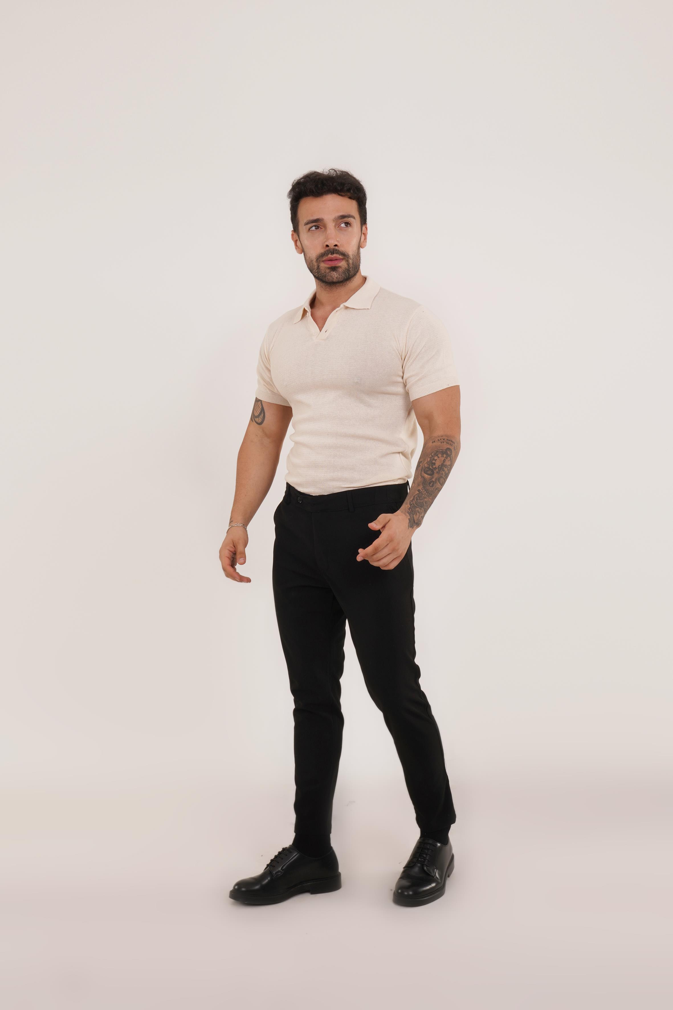 KOMBİNBej Düz Polo Yaka Triko SC, Siyah Slim Fit Kumaş Pantolon KOMBİN
