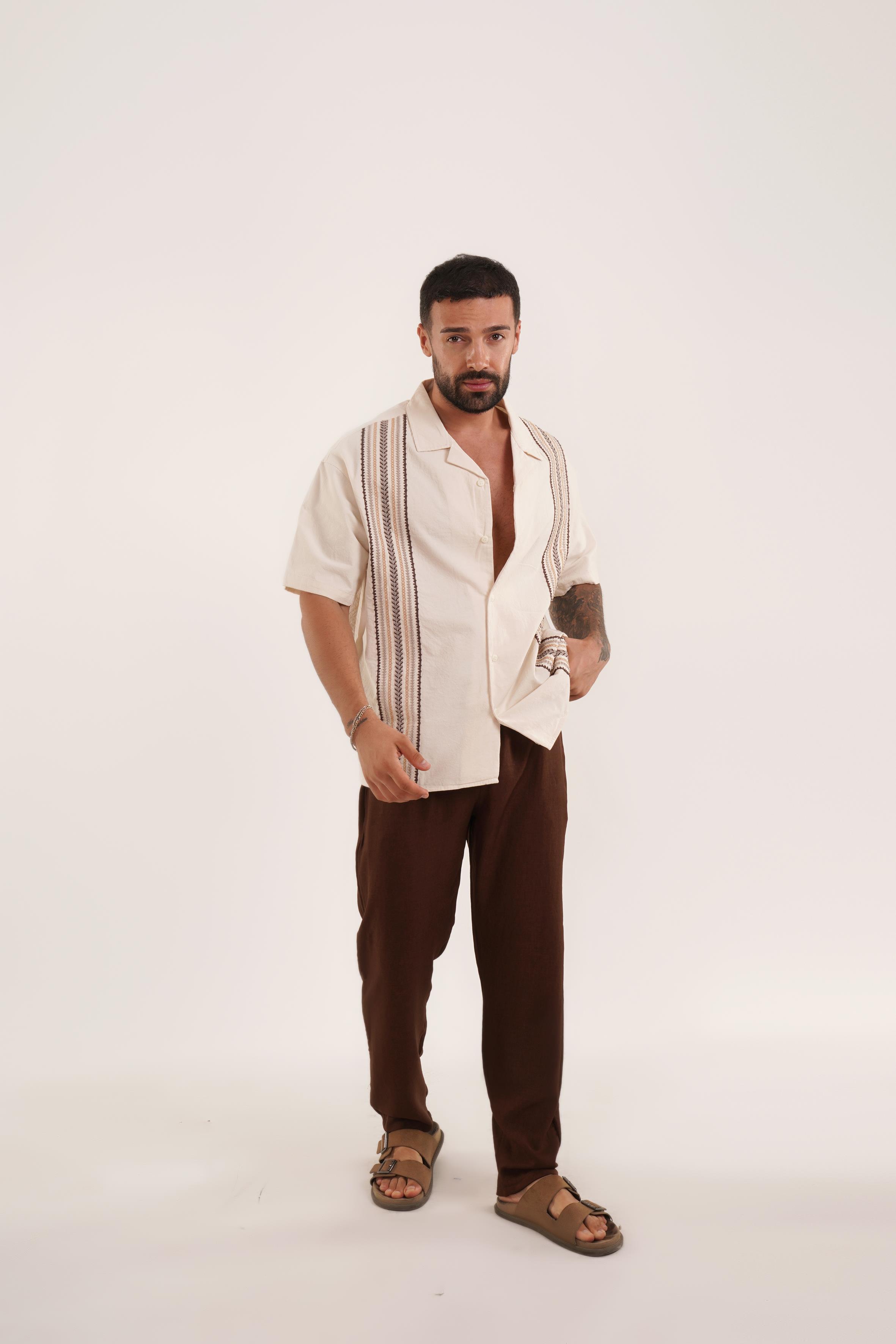 Bej Nakış Desenli Keten Gömlek VMS, Kahve Keten Baggy Pantolon KNG KOMBİN · 4