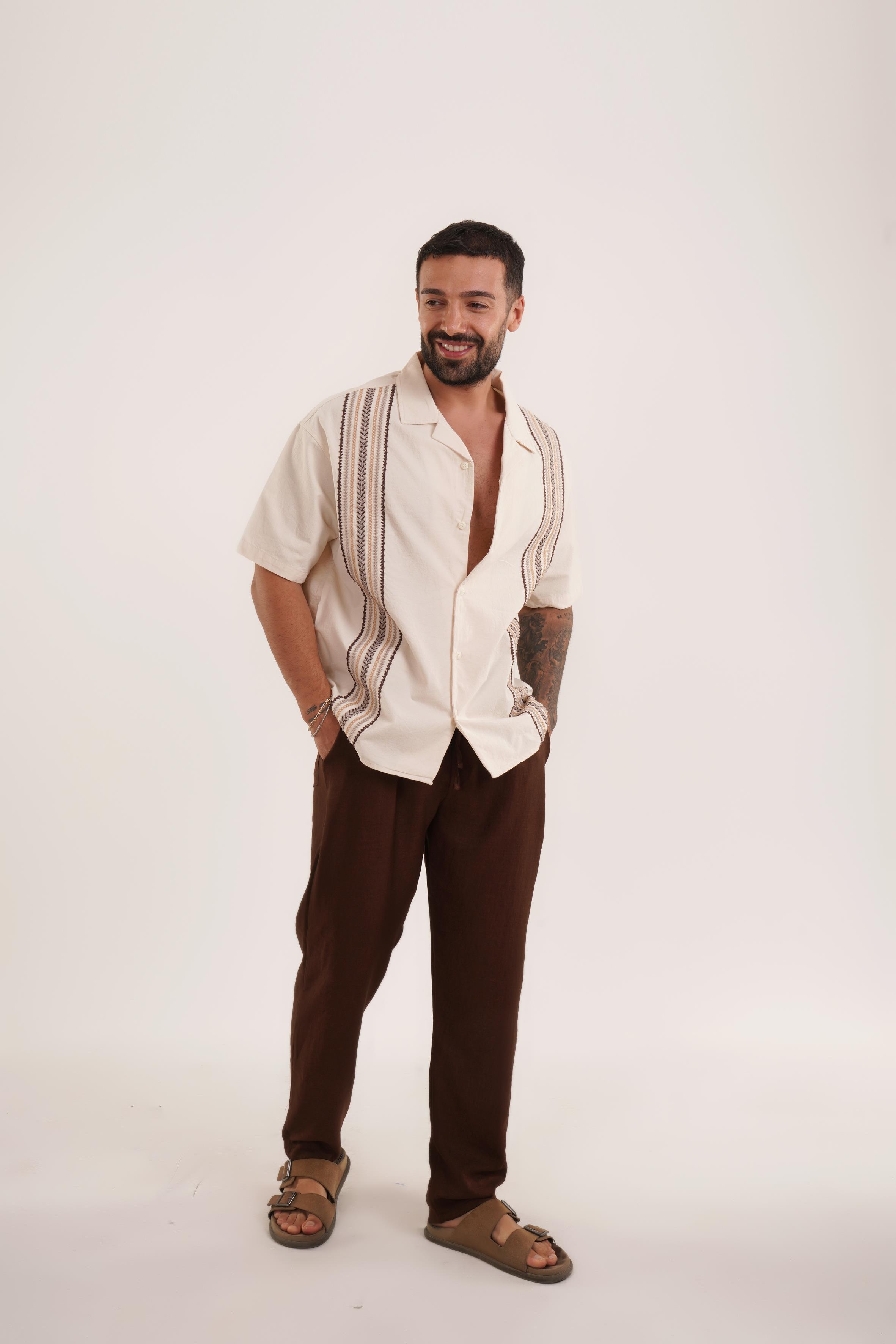 KOMBİNBej Nakış Desenli Keten Gömlek VMS, Kahve Keten Baggy Pantolon KNG KOMBİN
