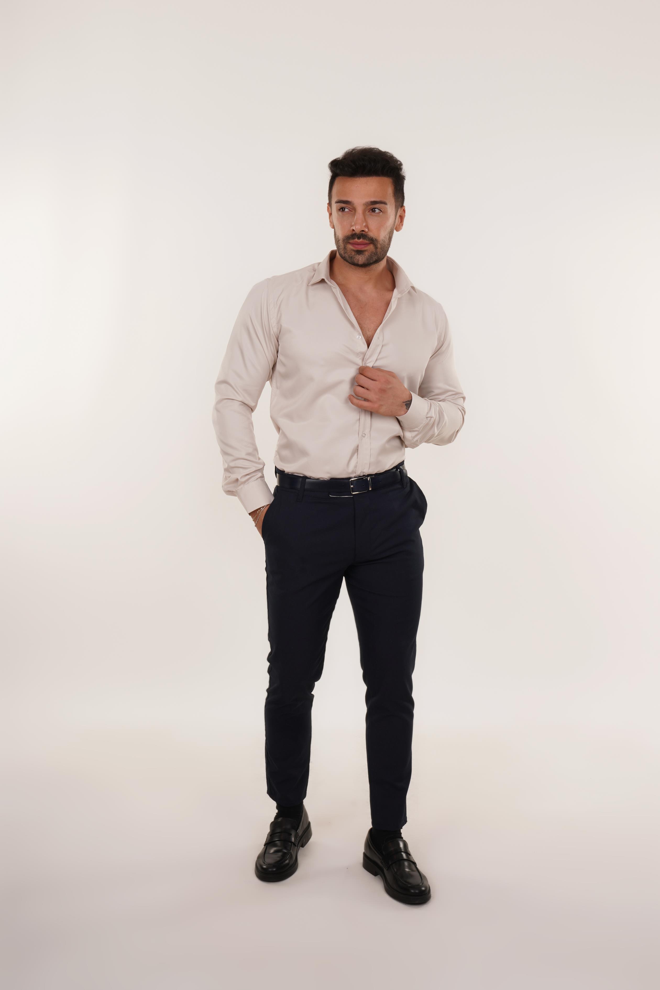 KOMBİNBej Slim Fit Klasik Düz Gömlek, Lacivert Kumaş Pantolon Slim Fit PLT 011