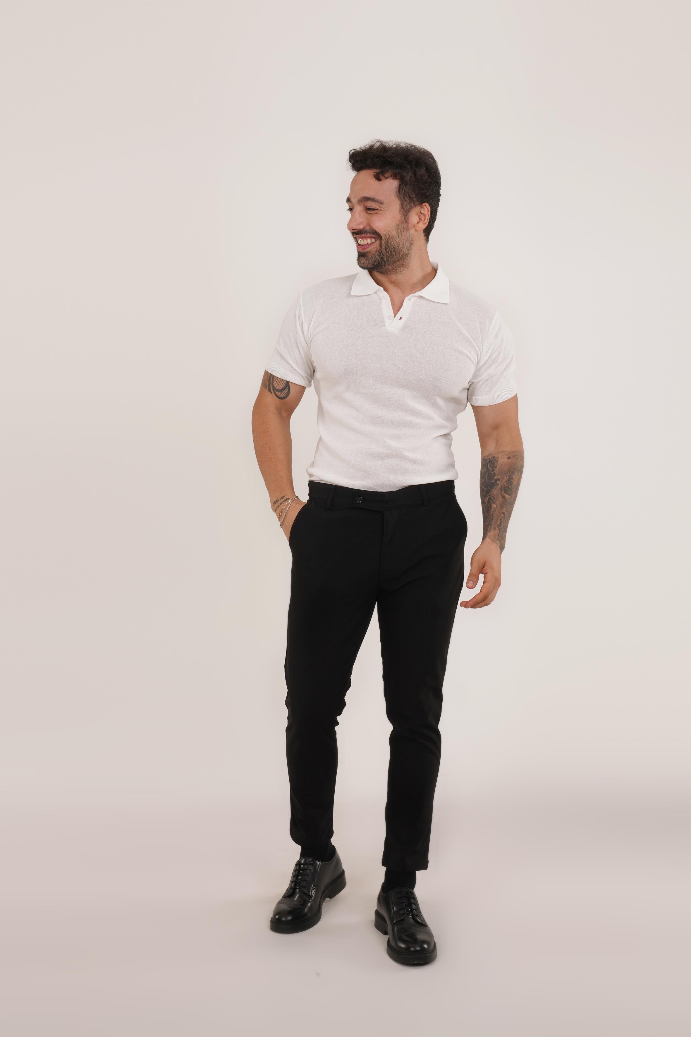 Beyaz Düz Polo Yaka Triko SC, Siyah Slim Fit Kumaş Pantolon KOMBİN · 2