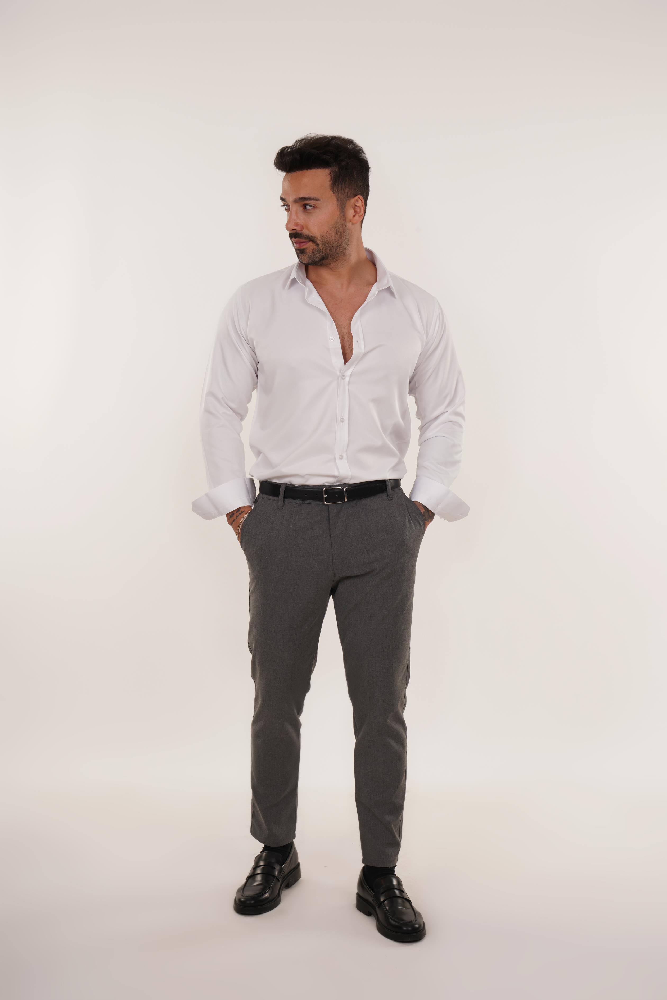 KOMBİNBeyaz Slim Fit Klasik Düz Gömlek, Antrasit Kumaş Pantolon Slim Fit PLT 011