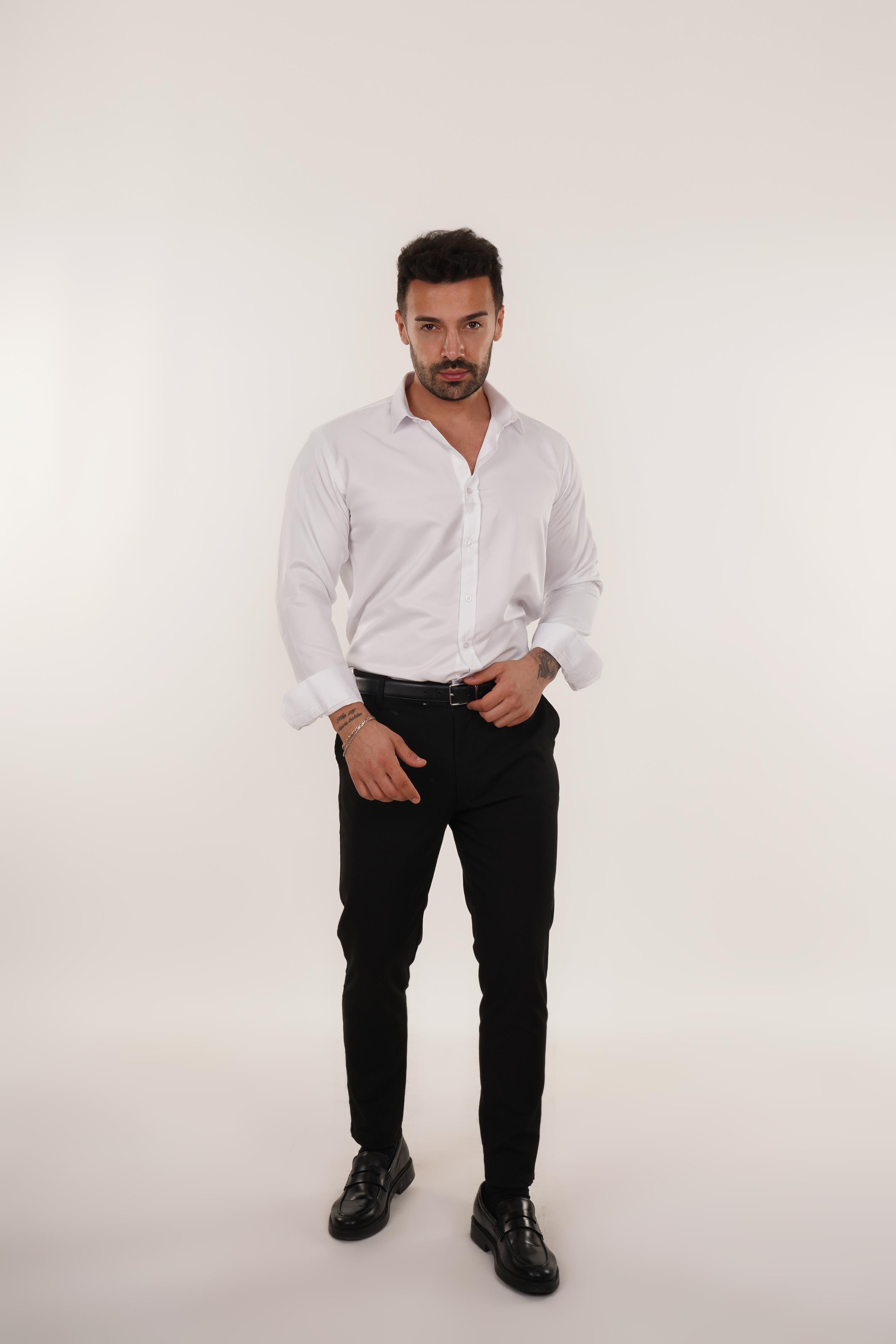 KOMBİNBeyaz Slim Fit Klasik Düz Gömlek, Siyah Kumaş Pantolon Slim Fit PLT 011