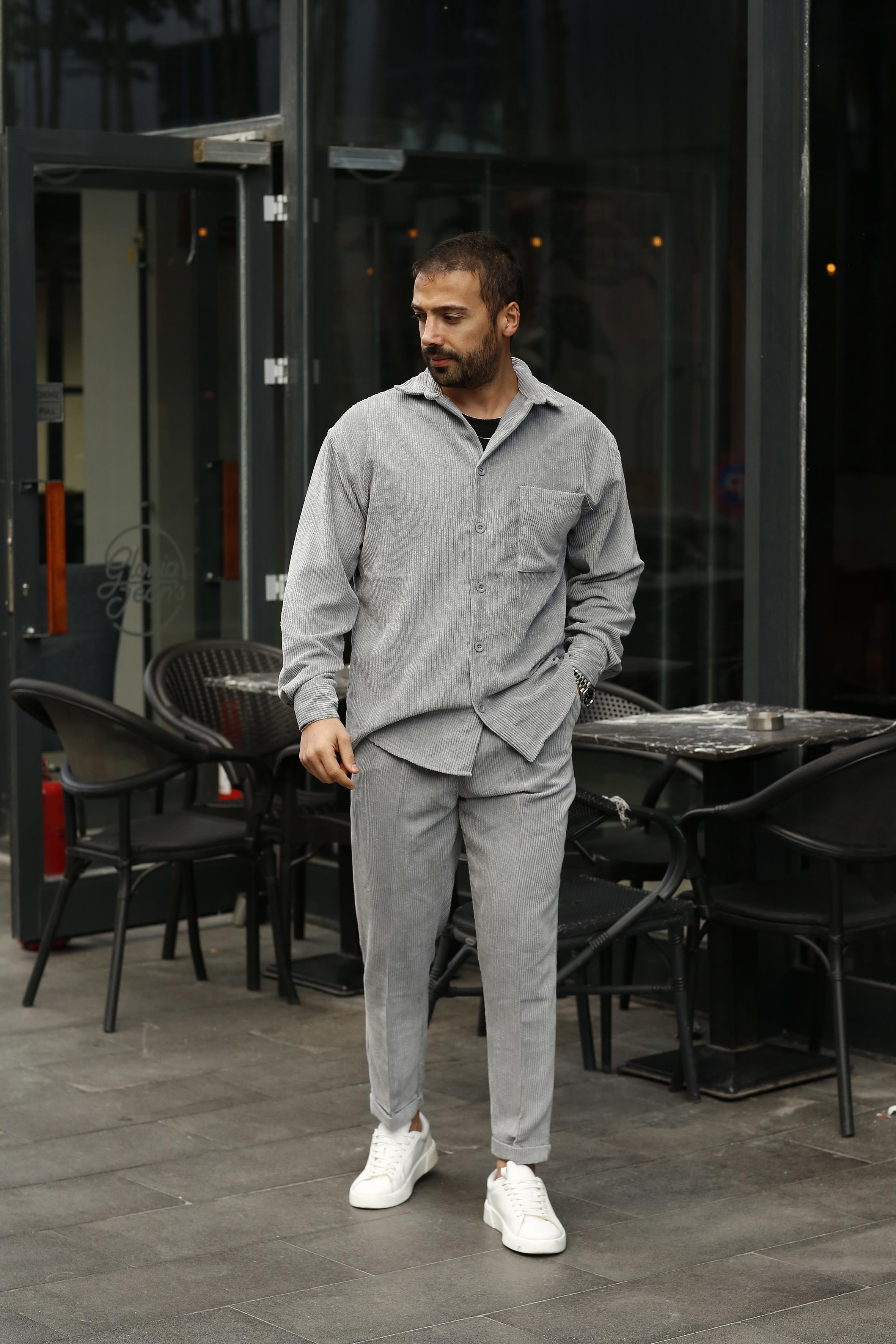 KOMBİNGri Polo Yaka Kadife Oversize Yüksek Kalite Gömlek, Gri Kadife Bol Kalıp Yüksek Kalite Pantolon SNZ 8315
