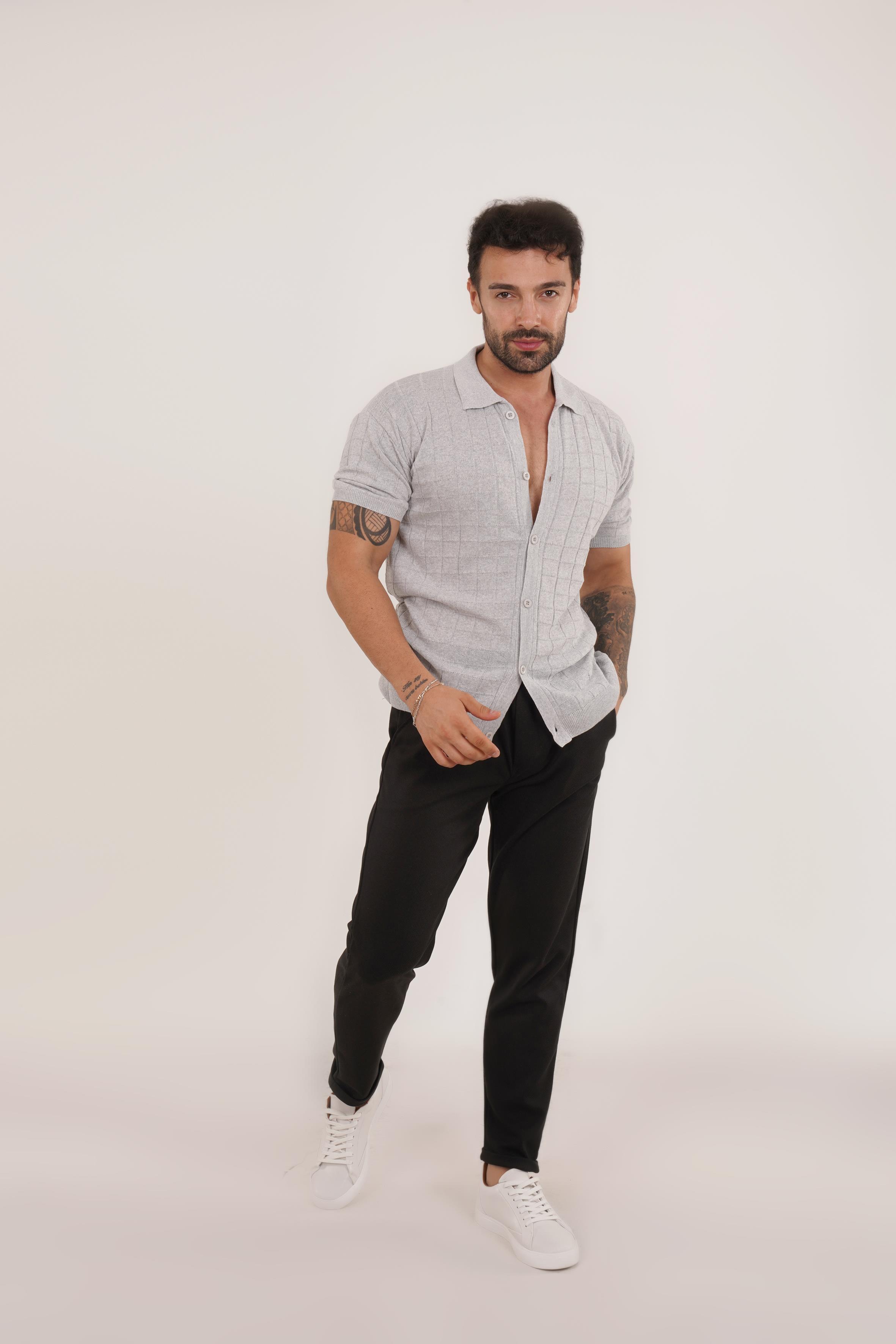 KOMBİNGri Triko Desenli Gömlek TB, Siyah Diagonel Bel Lastik Pant Tk KOMBİN