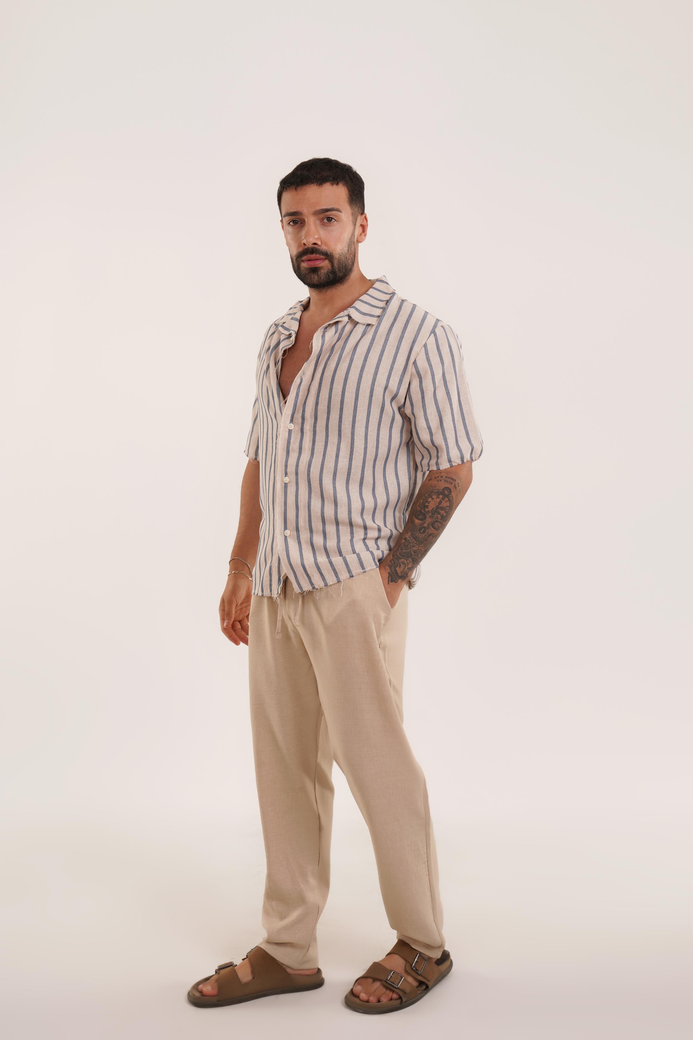 İndigo Dik Çizgili Pis Kesim Keten Gömlek VMS 40463 , Bej Keten Baggy Pantolon KNG KOMBİN · 2