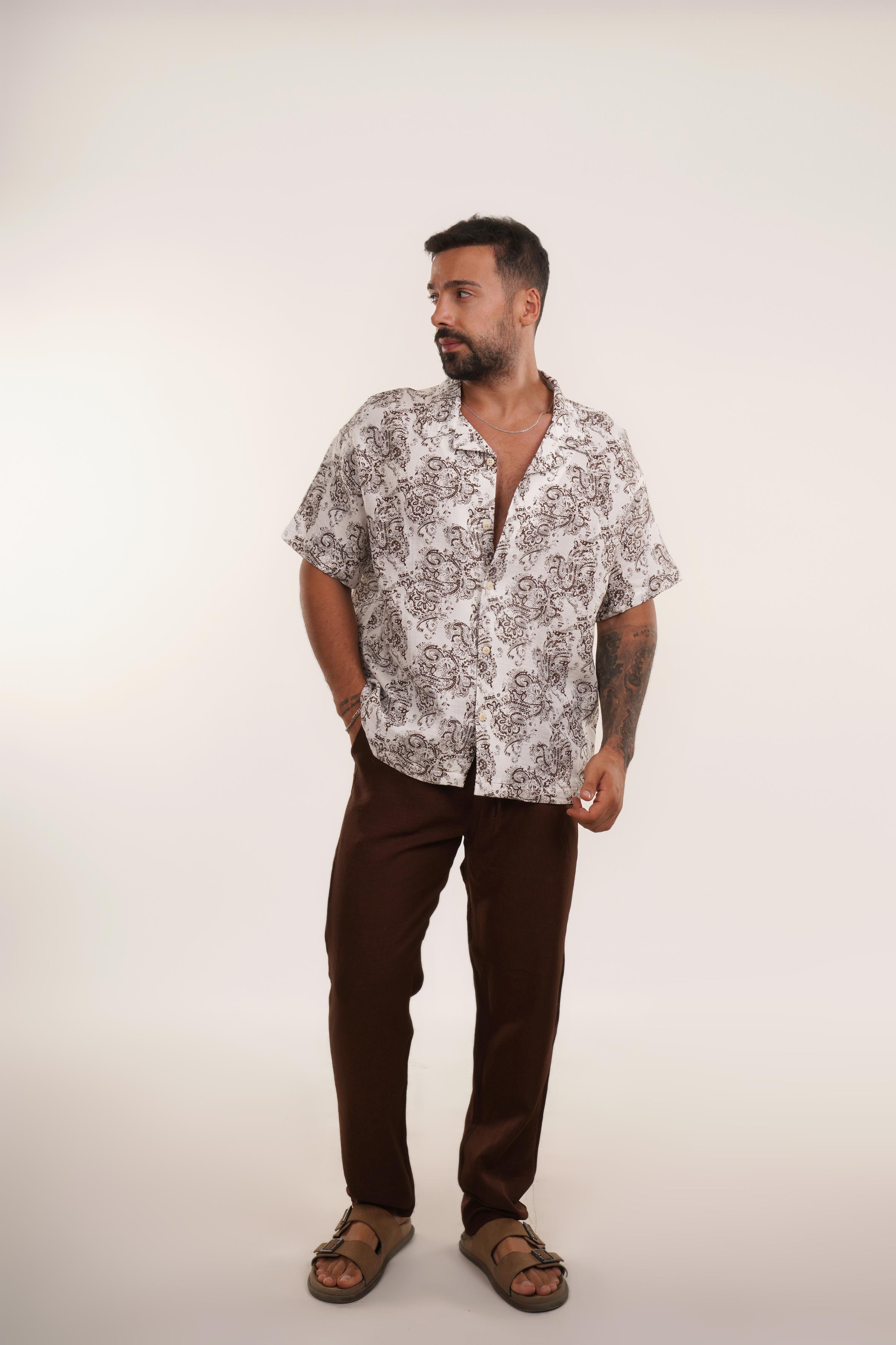 KOMBİNKahve Etro Desen Oversize Keten Gömlek EST E70176, Kahve Keten Pantolon TK KOMBİN