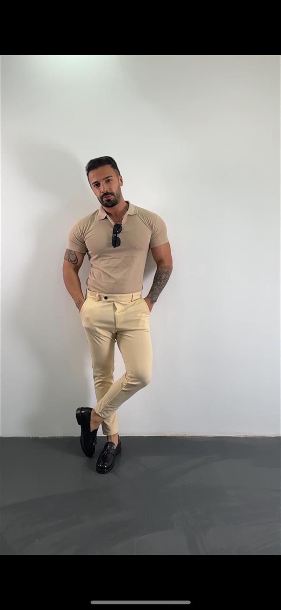 KOMBİNKrem Polo Yaka, Açık Krem Kumaş Pantolon Kombin