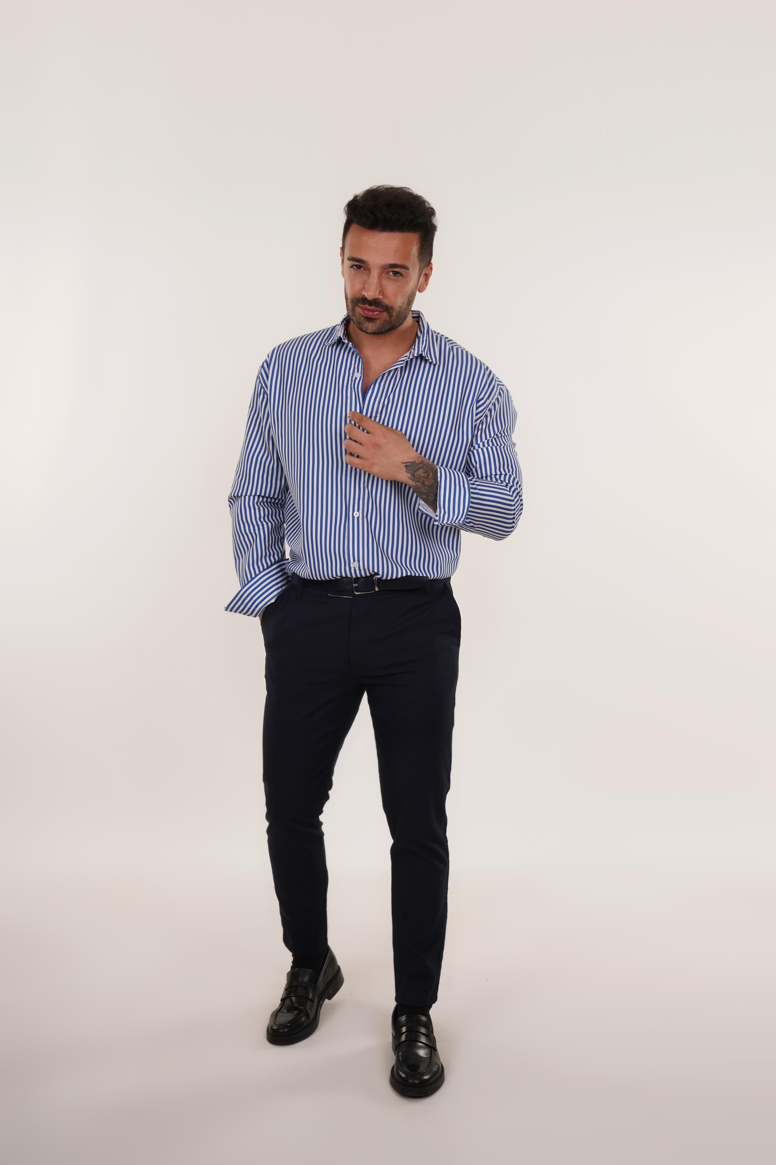 KOMBİNMavi Poplin Çizgili Gömlek , Lacivert Kumaş Pantolon Slim Fit KOMBİN