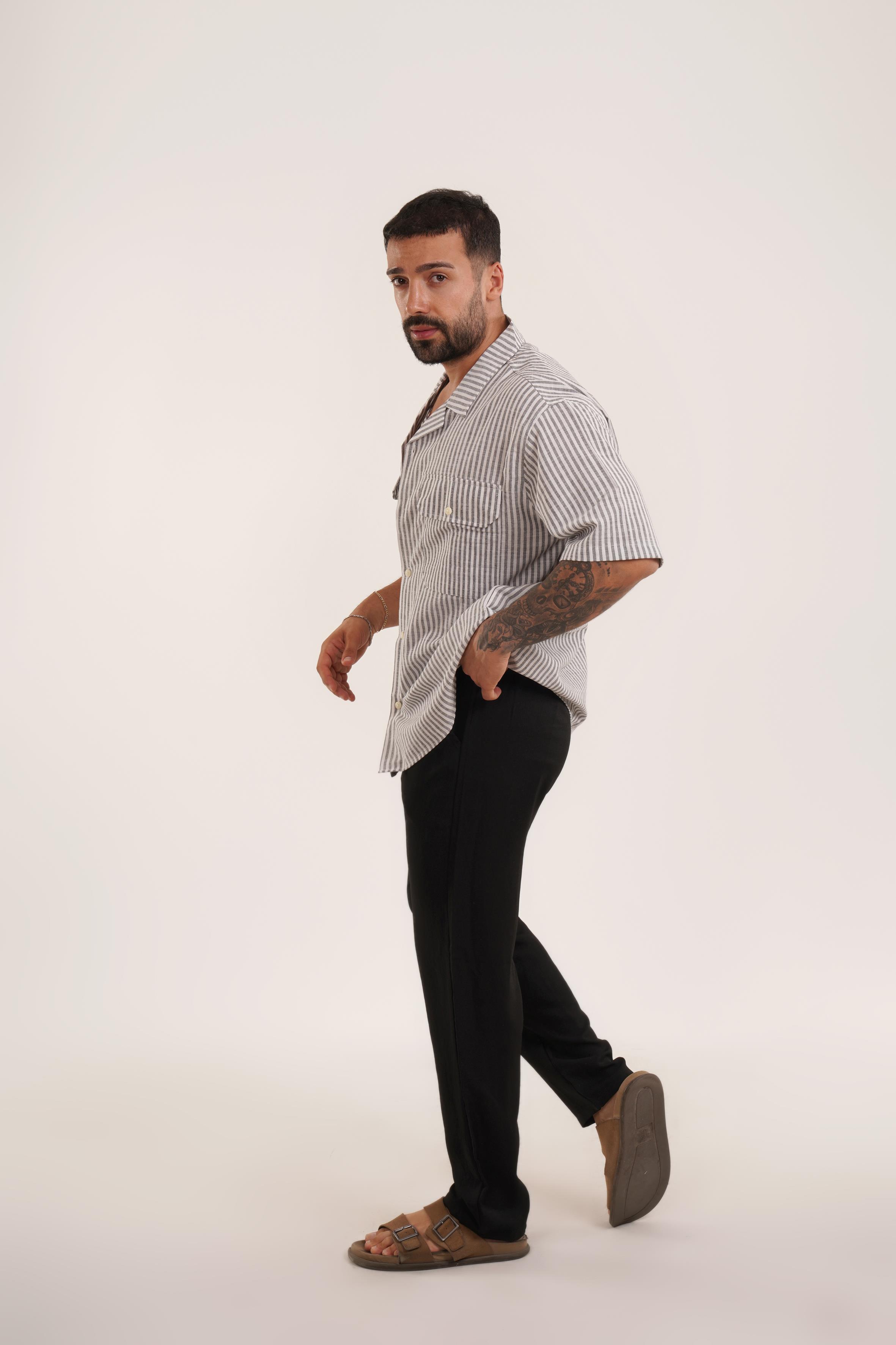Siyah Dik Çizgili Çift Cepli Keten Gömlek VMS 40438, Siyah Keten Baggy Pantolon KNG KOMBİN · 3