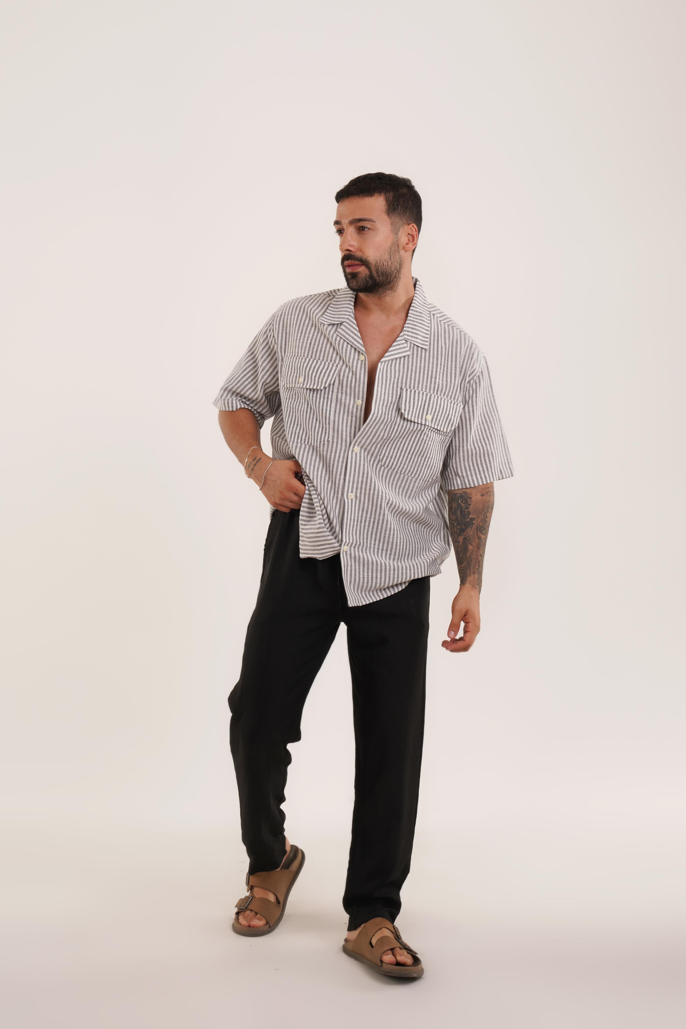 Siyah Dik Çizgili Çift Cepli Keten Gömlek VMS 40438, Siyah Keten Baggy Pantolon KNG KOMBİN · 2