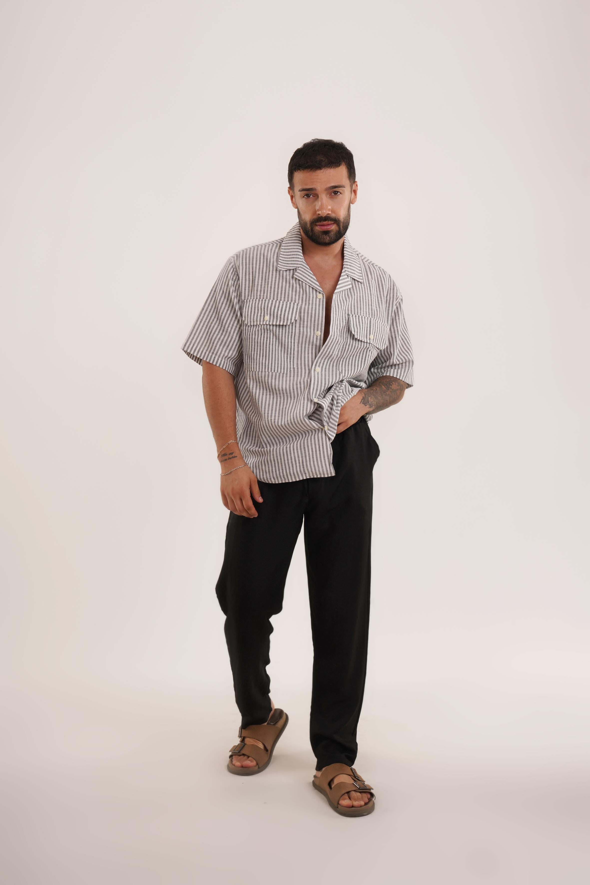 KOMBİNSiyah Dik Çizgili Çift Cepli Keten Gömlek VMS 40438, Siyah Keten Baggy Pantolon KNG KOMBİN