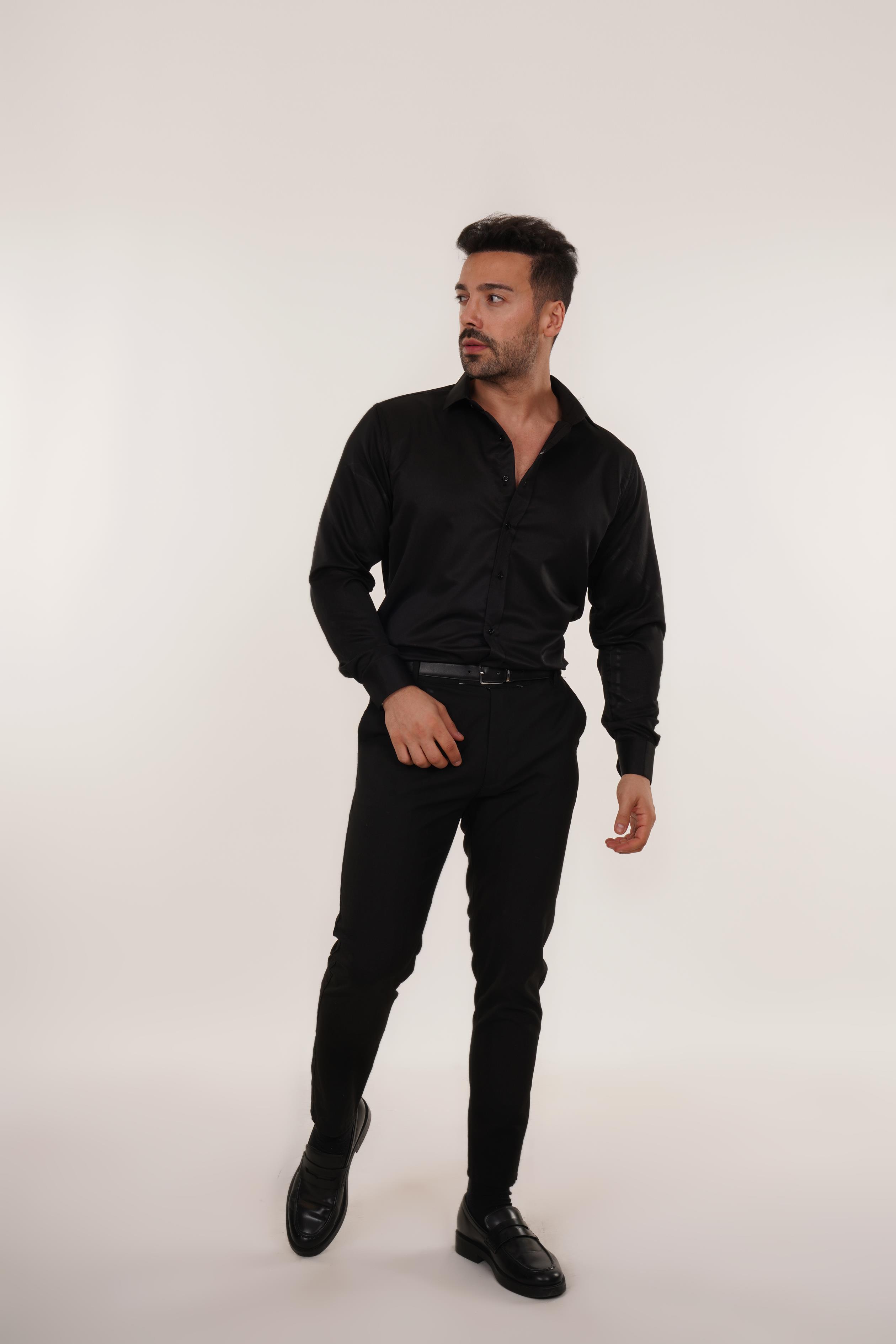 KOMBİNSiyah Slim Fit Klasik Düz Gömlek, Siyah Kumaş Pantolon Slim Fit PLT 011
