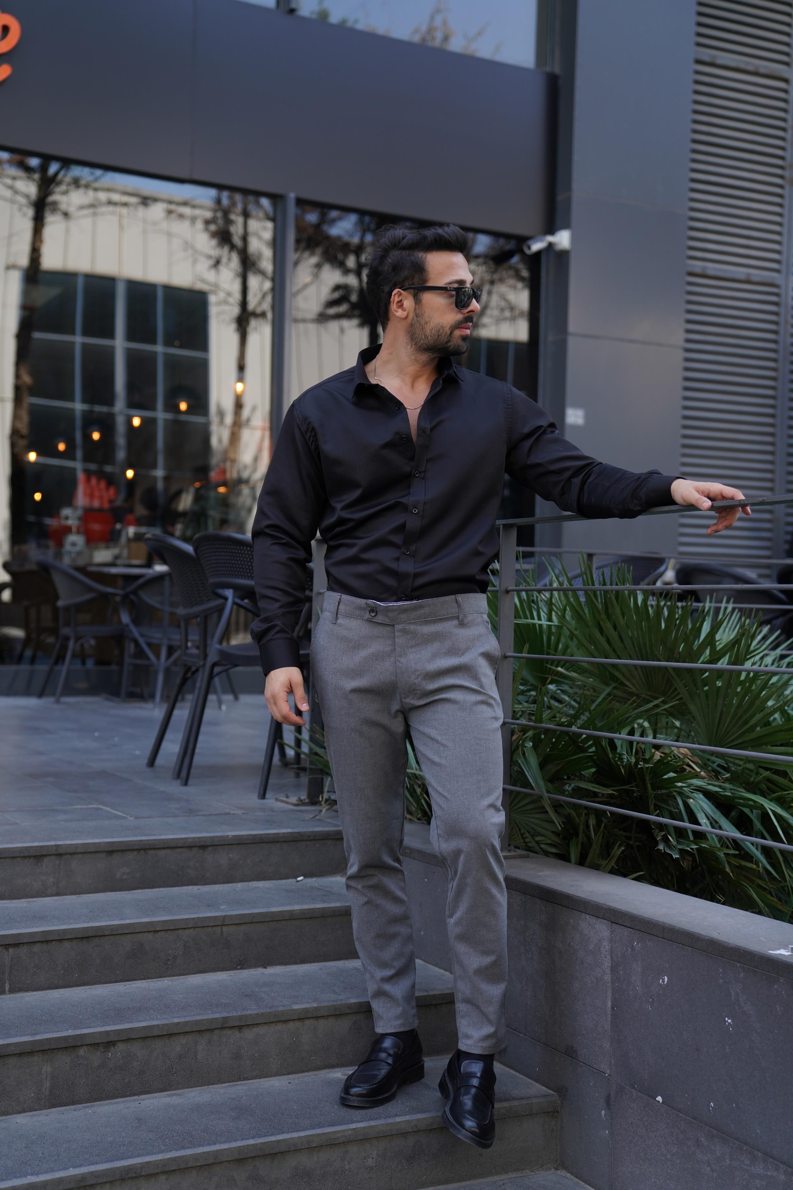 KOMBİNSiyah Slim Fit Klasik Düz Gömlek, Antrasit Kumaş Pantolon Slim Fit PLT 011