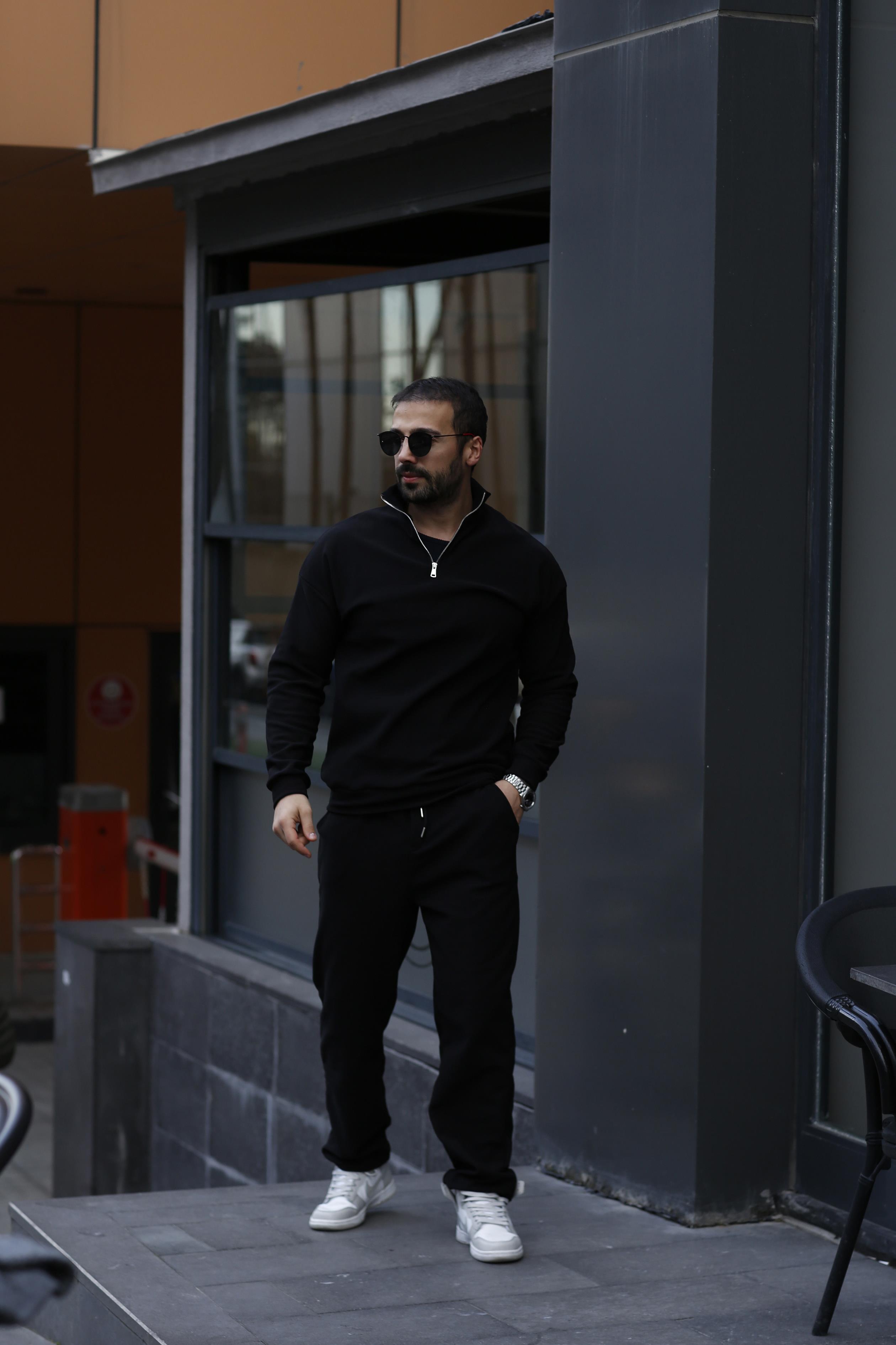KOMBİNSiyah Yarım Fermuarlı Ottoman Sweatshirt, Siyah 3 İplik Şardonlu Baggy Eşofman KOMBİN