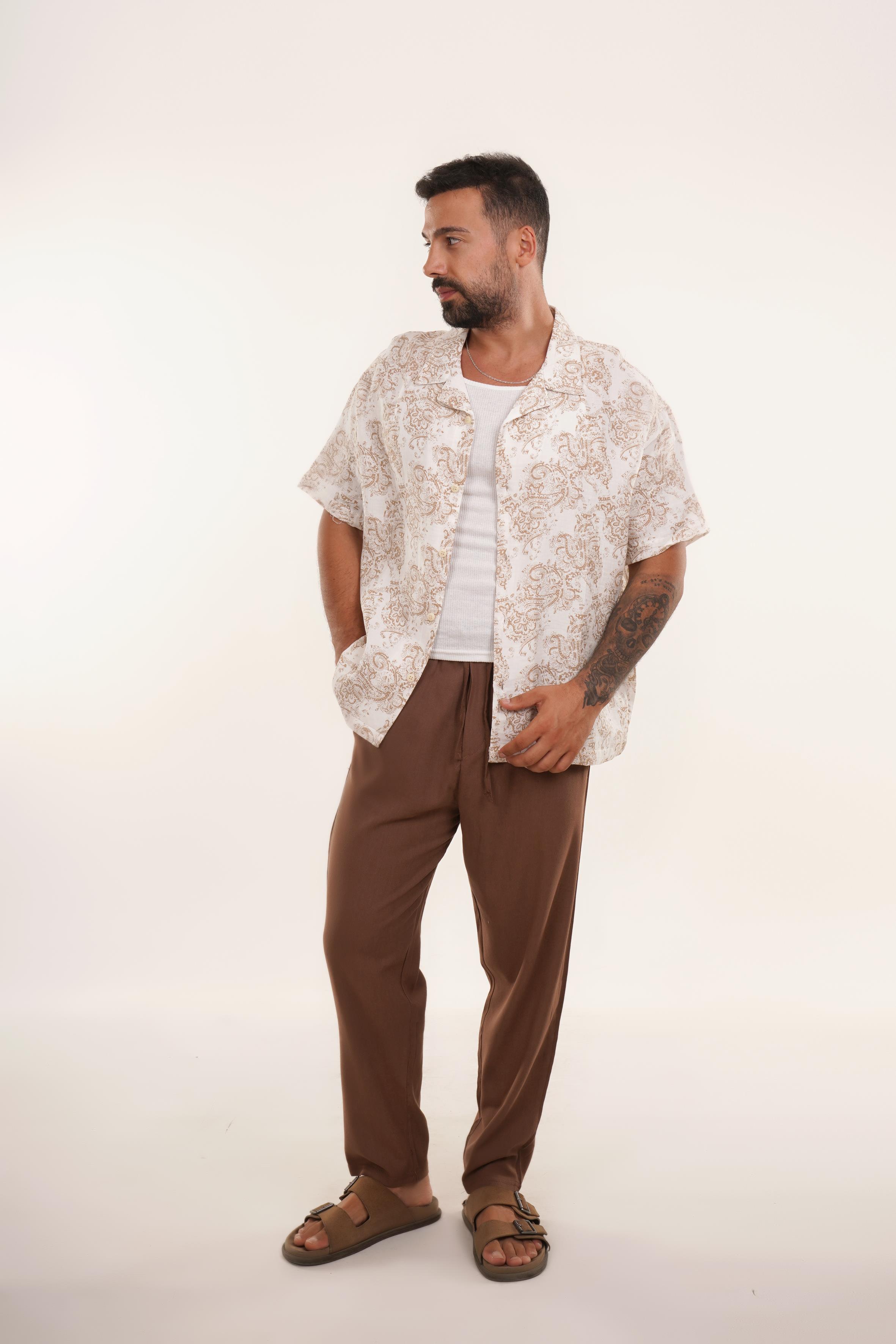 KOMBİNVizon Etro Desen Oversize Keten Gömlek EST E70176, Kahve Keten Pantolon TK KOMBİN