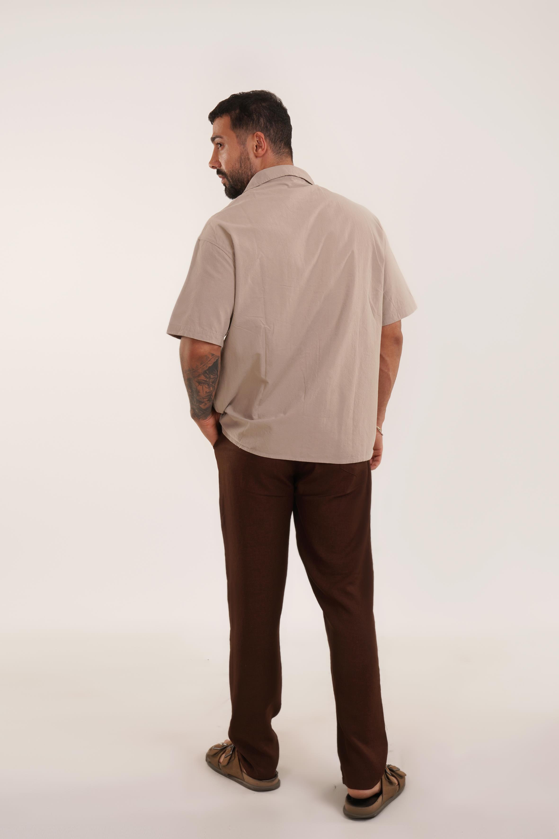 KOMBİNVizon Nakış Desenli Keten Gömlek VMS, Kahve Keten Baggy Pantolon KNG KOMBİN