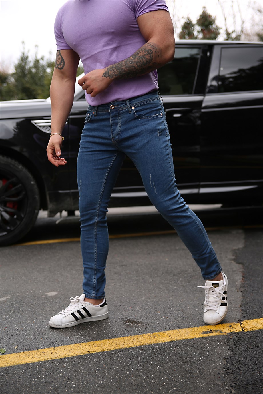 KOT PANTOLONErkek  Lacivert Lazerli Slim Fit Kot Pantolon
