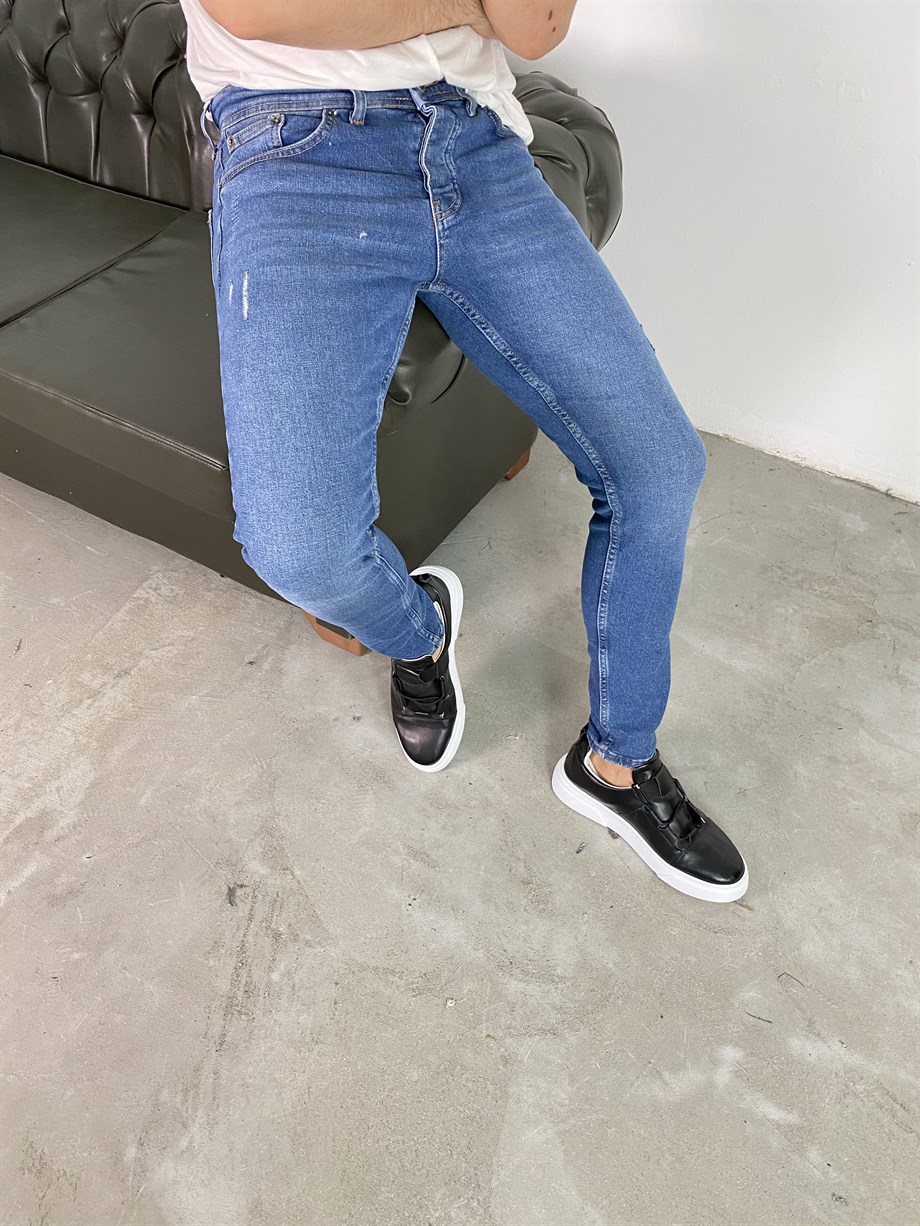 KOT PANTOLONErkek Mavi Lazerli Slim Fit Kot Pantolon
