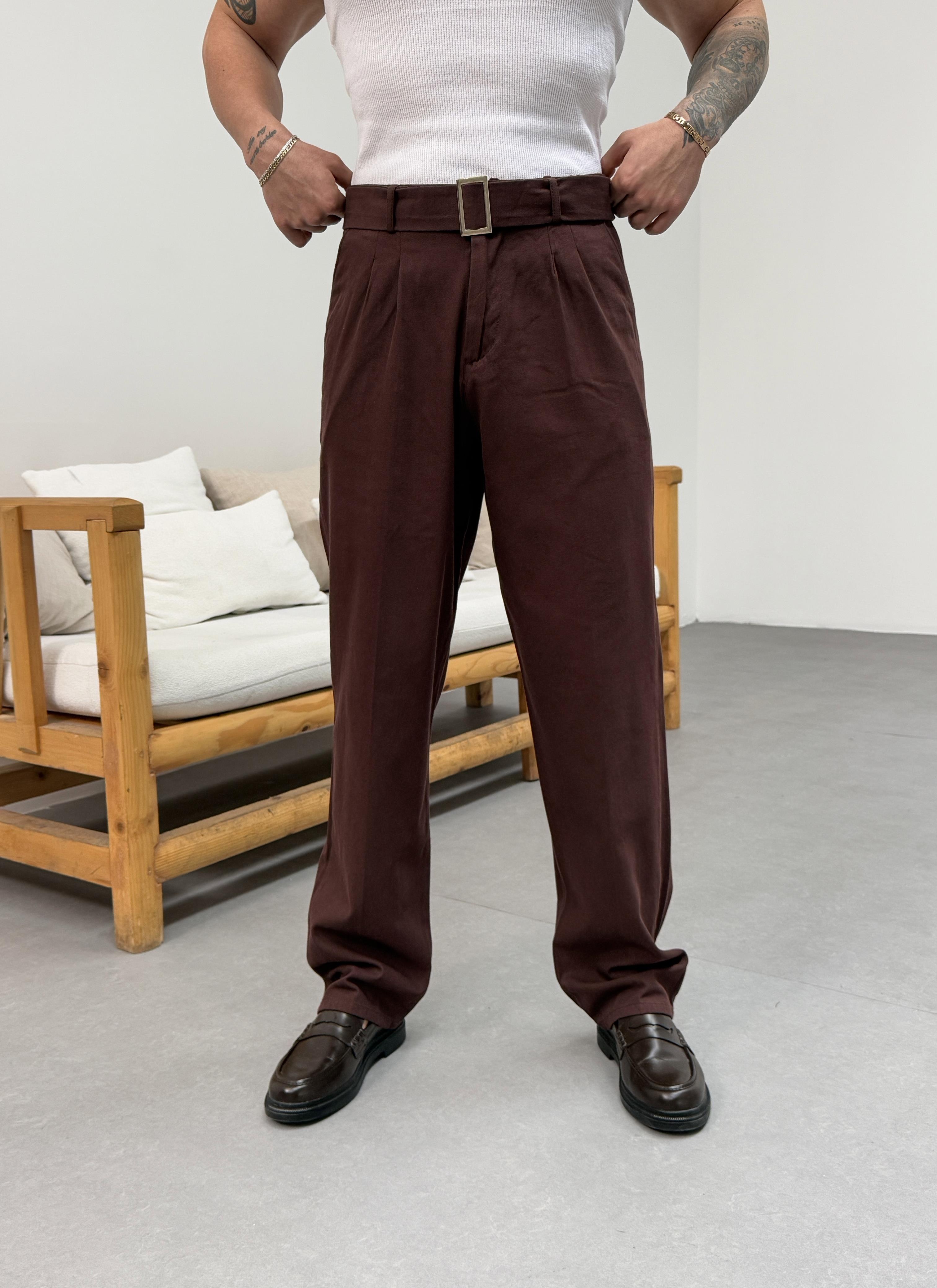 KOT PANTOLONKahve Kendiliğinden Kemerli Baggy Keten Pantolon SNZ 1014