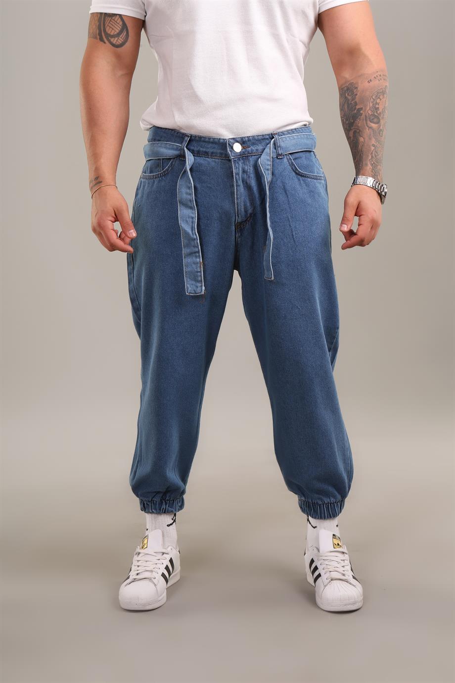 KOT PANTOLONKapalı Mavi Kemerli Kelepçe Paça Gabardin Boyfriend Pantalon