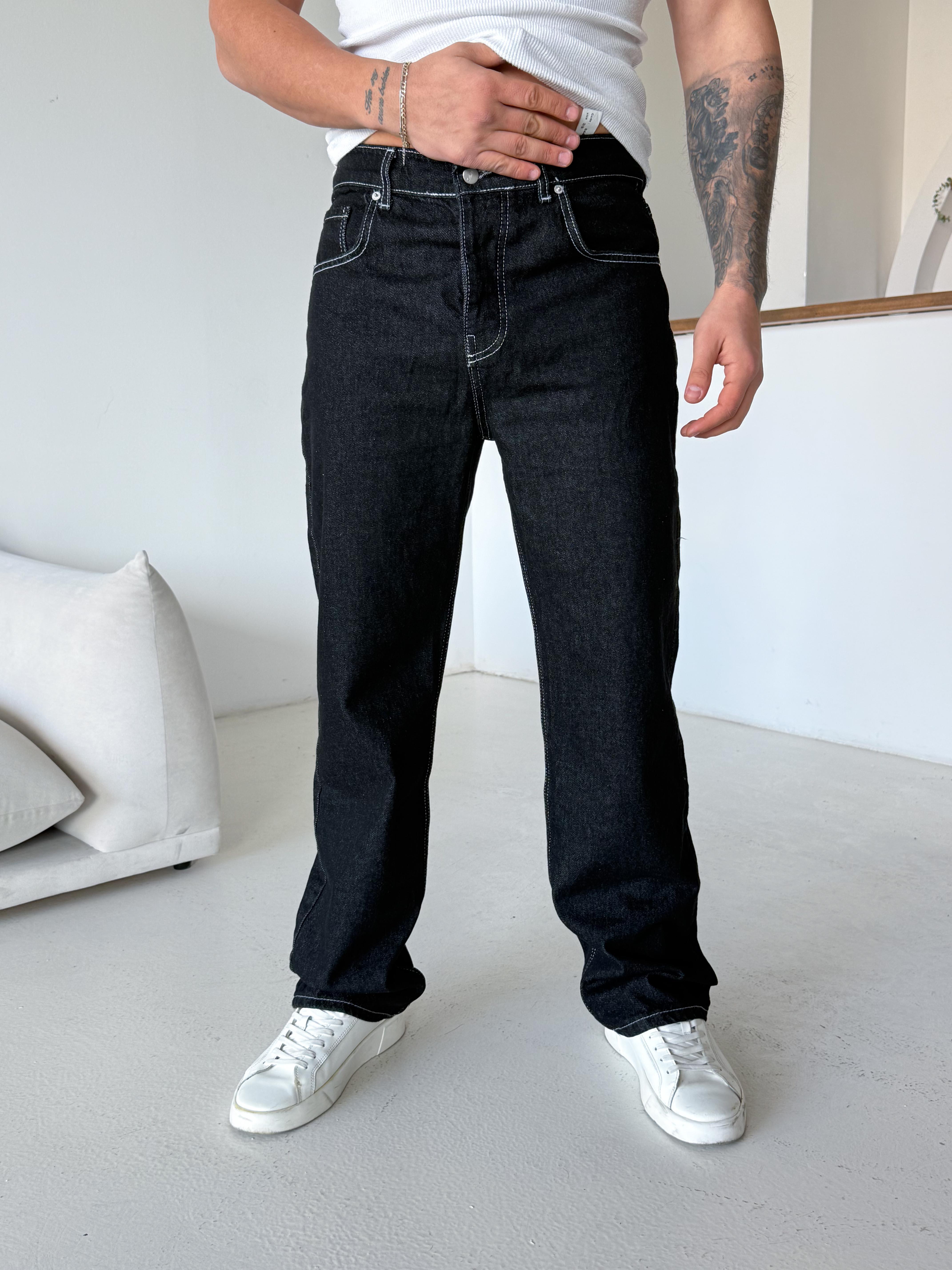KOT PANTOLONSiyah Dikiş Beyaz Baggy Kot Pantalon 644