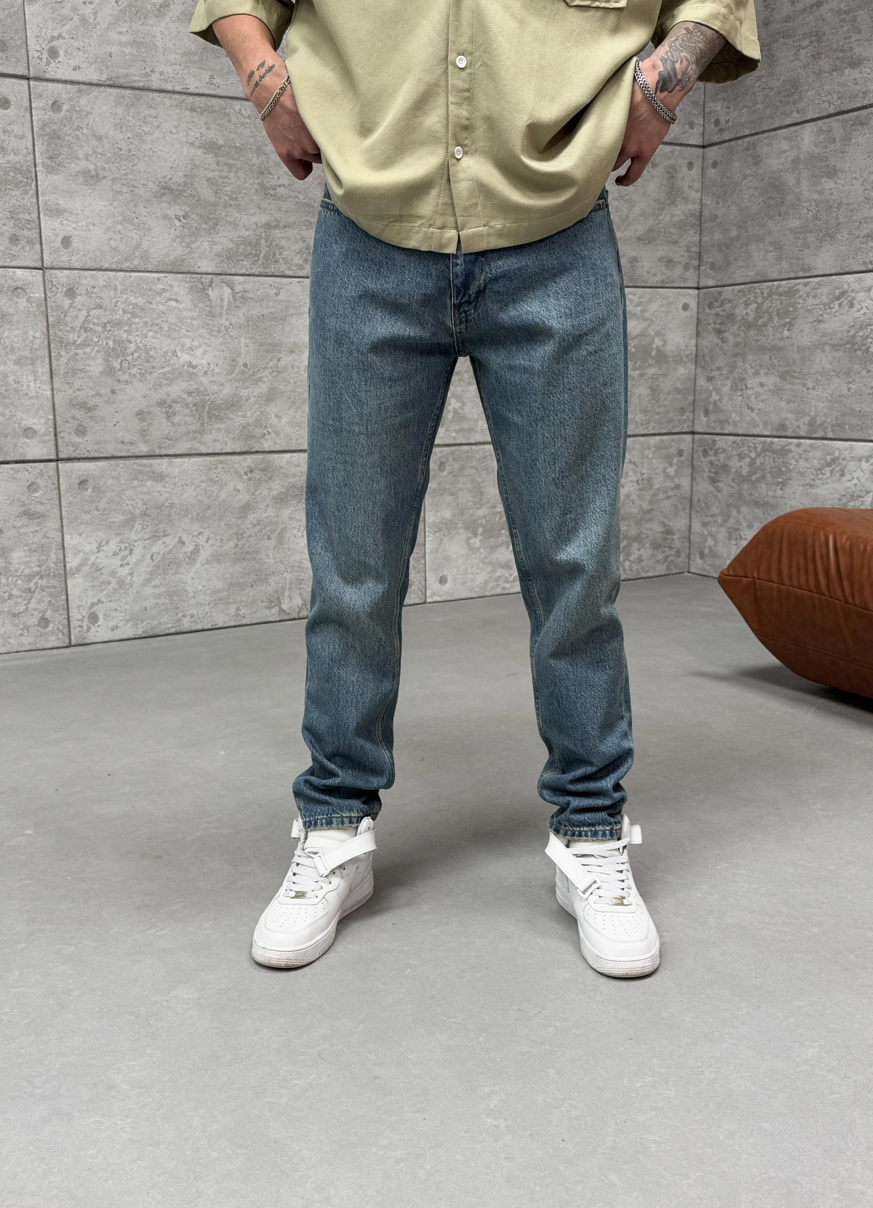 KOT PANTOLONStandart Koyu Yeşil Eskitmeli Mavi Boyfriend Kot Pantalon GRJ 2512