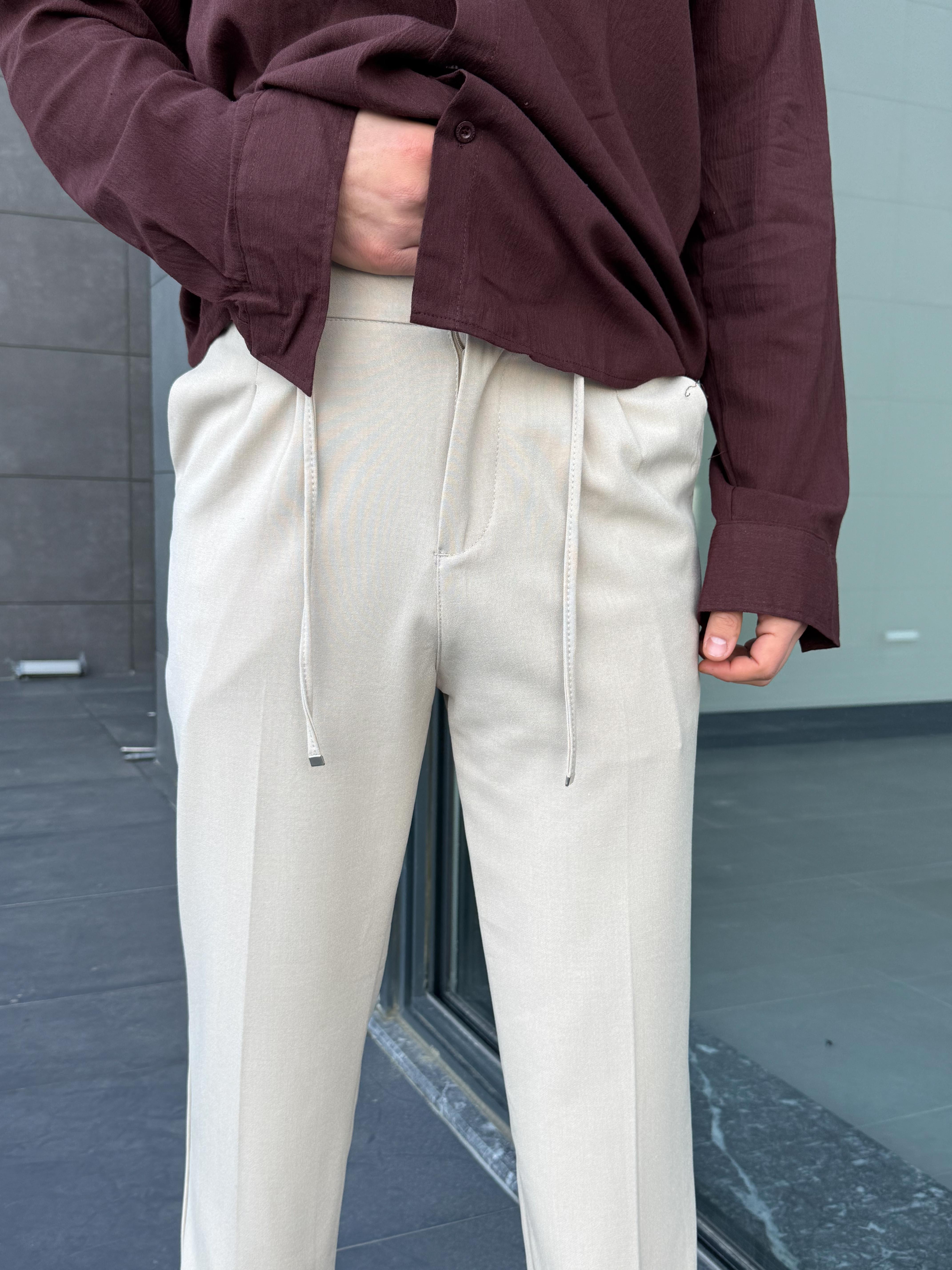 KUMAŞ PANTOLONBej Lastikli Bağcıklı Pamuk Bezayağı Regular Fit Kumaş Pant snz 1265