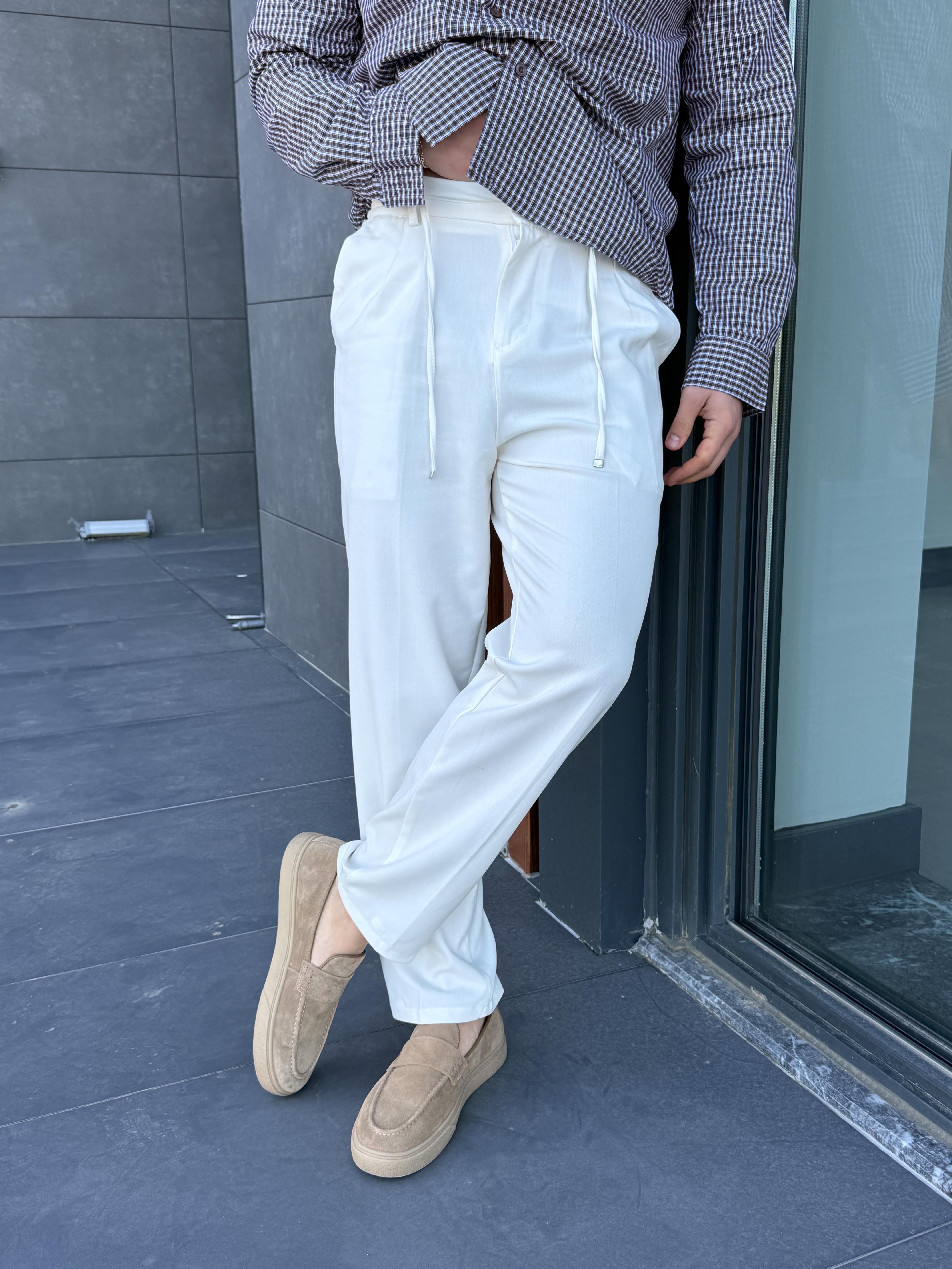 KUMAŞ PANTOLONBeyaz Lastikli Bağcıklı Pamuk Bezayağı Regular Fit Kumaş Pant snz 1265
