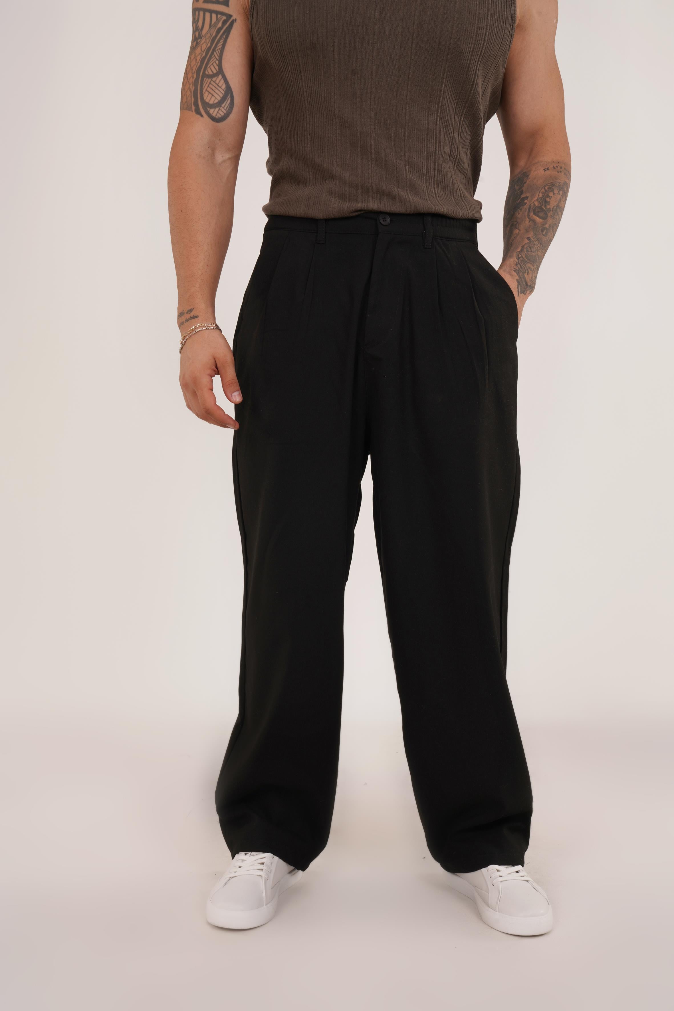 KUMAŞ PANTOLONSiyah Beli Lastikli Pileli Bol Paça Kumaş Pant. VMS30795