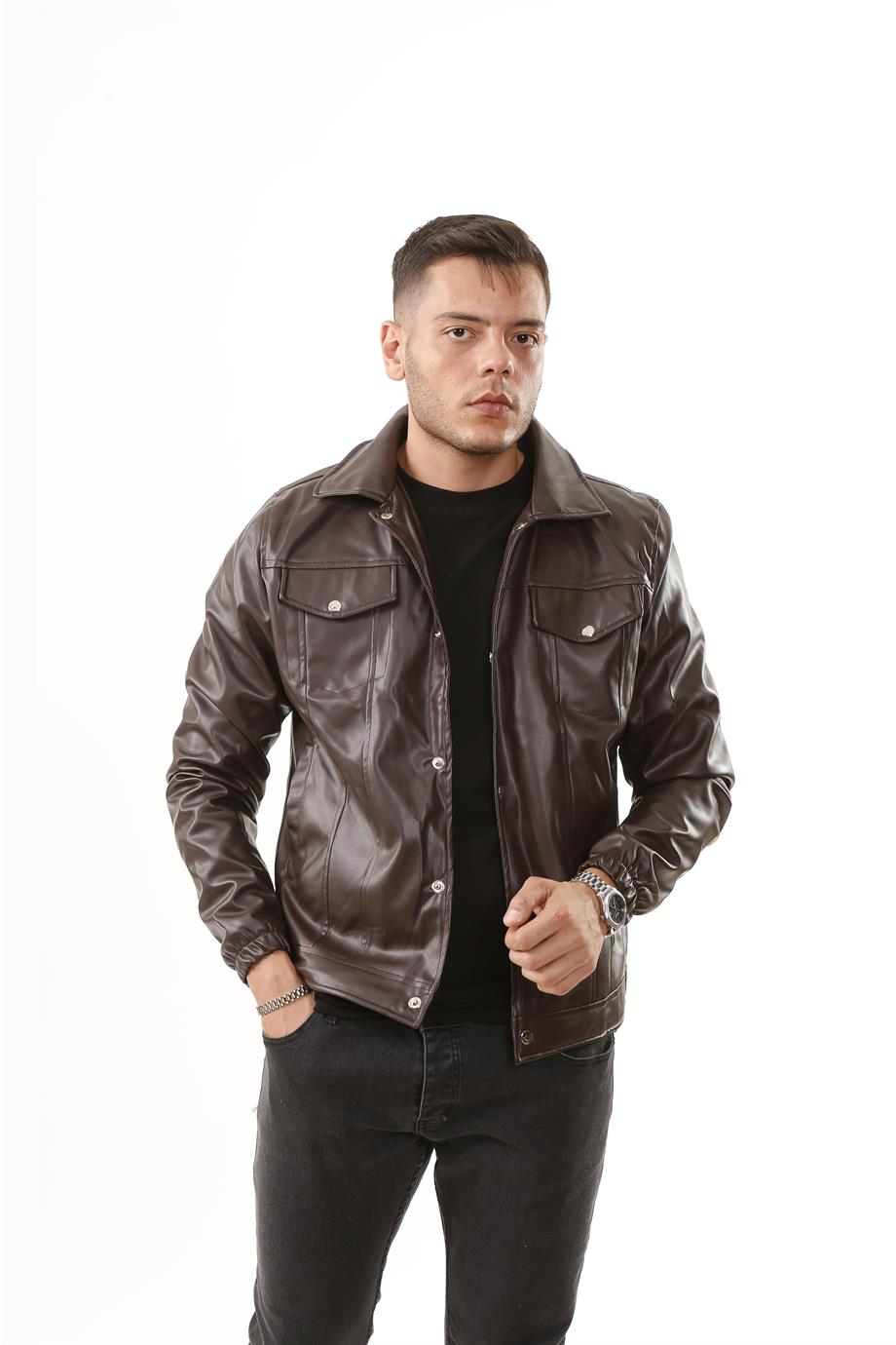 MONT & CEKETKahve Ön Cepli Çıtçıtlı Deri Ceket  