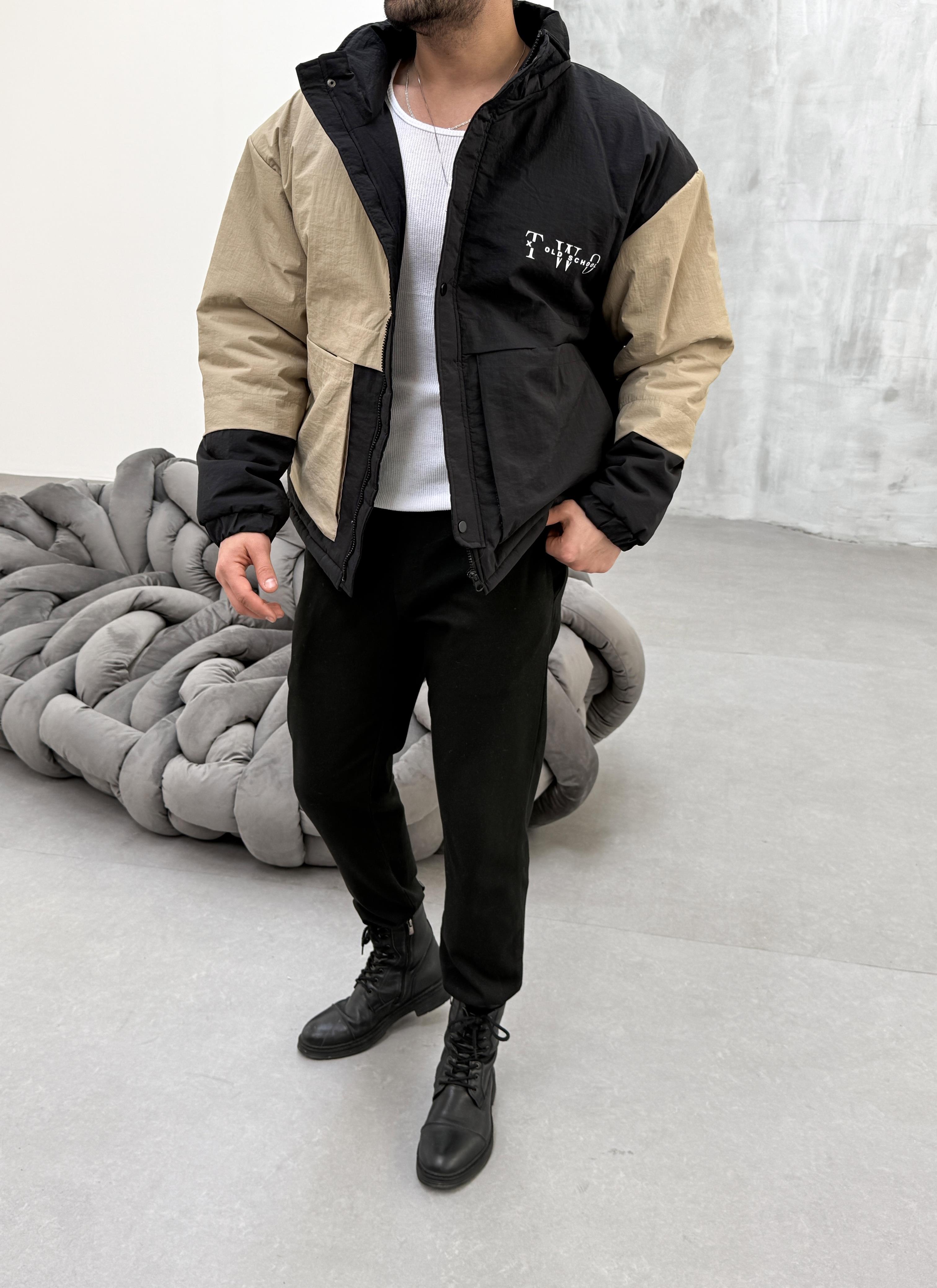 MONTSİYAH BEJ Parçalı Yakalı Şişme Mont