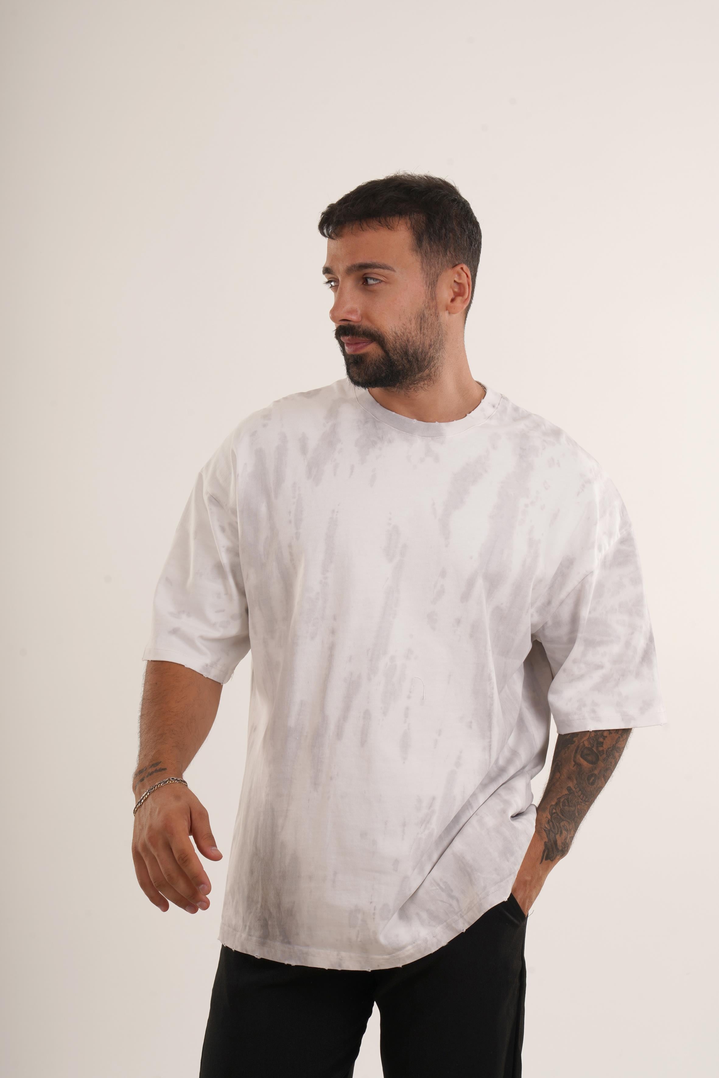 OVERSİZE T-SHİRTBeyaz Yüksek Kalite Batik Desen Oversize T-SHİRT VMS 40318