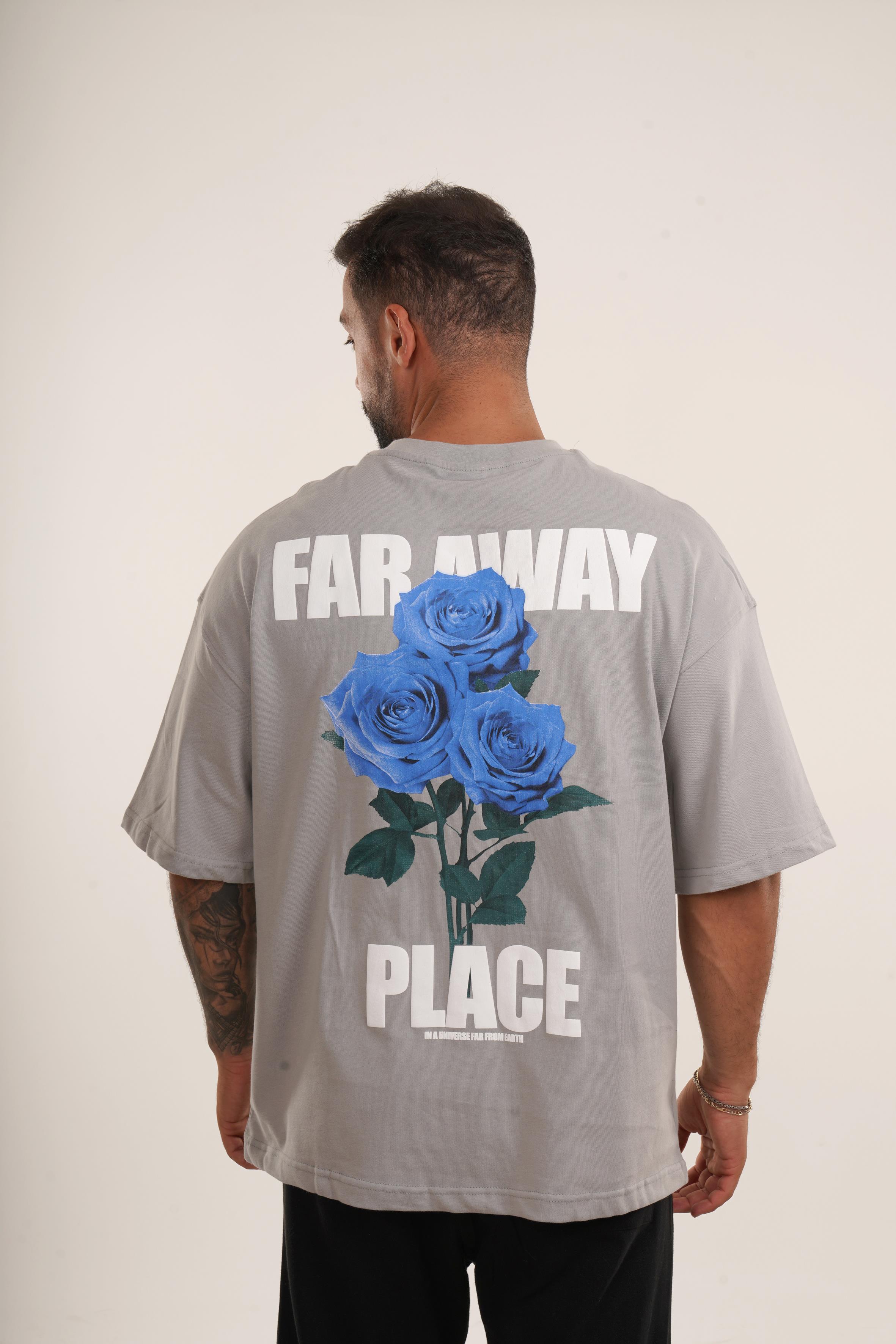 OVERSİZE T-SHİRTGri Far Away Place Kabartma Baskılı Compak Pamuk Oversize TSHİRT EST E70108