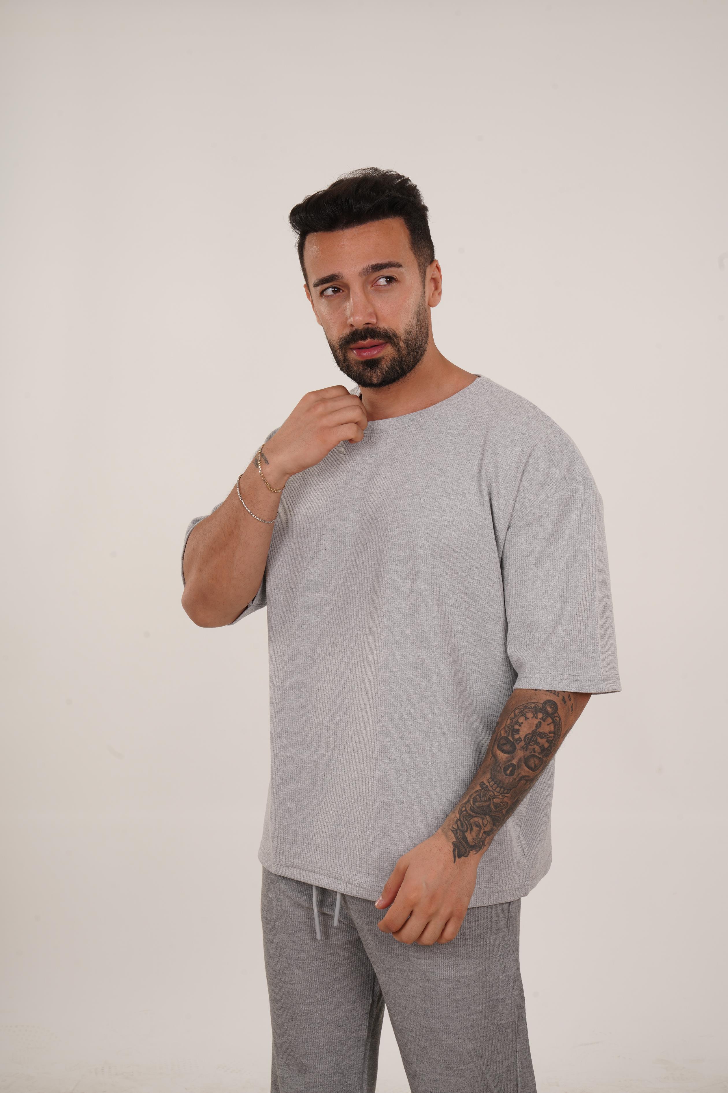 OVERSİZE T-SHİRTGri Waffle Double Kalıp Oversize T-shırt SC