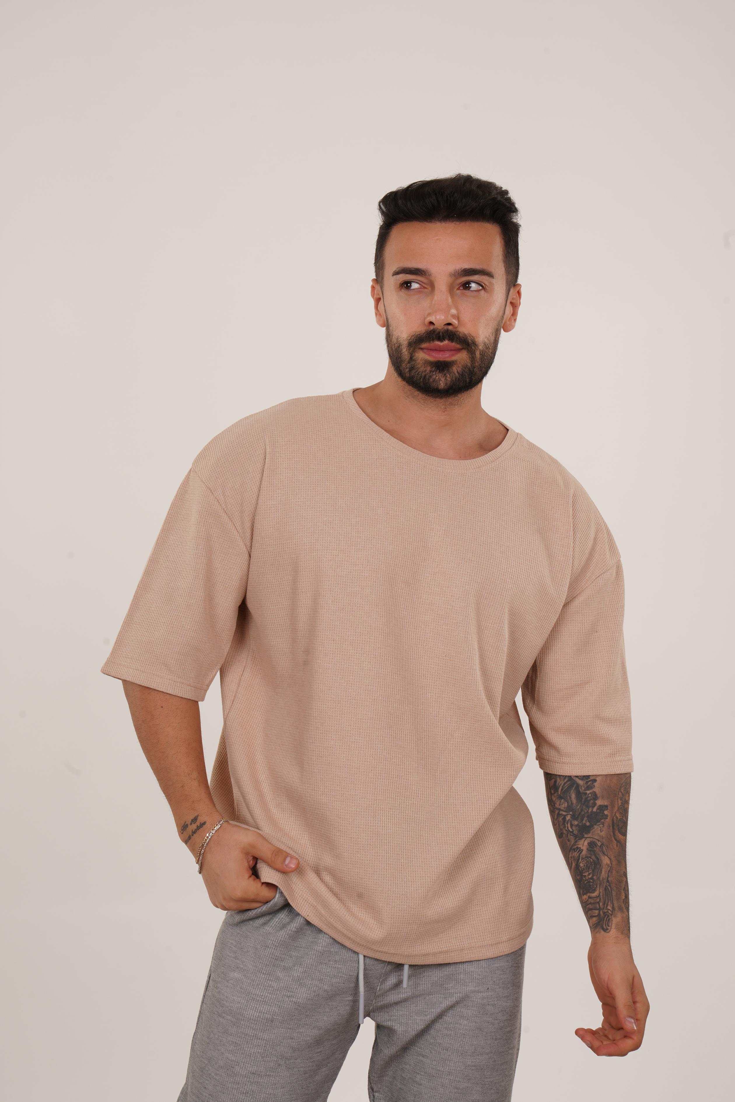 OVERSİZE T-SHİRTKrem Waffle Double Kalıp Oversize T-shırt SC