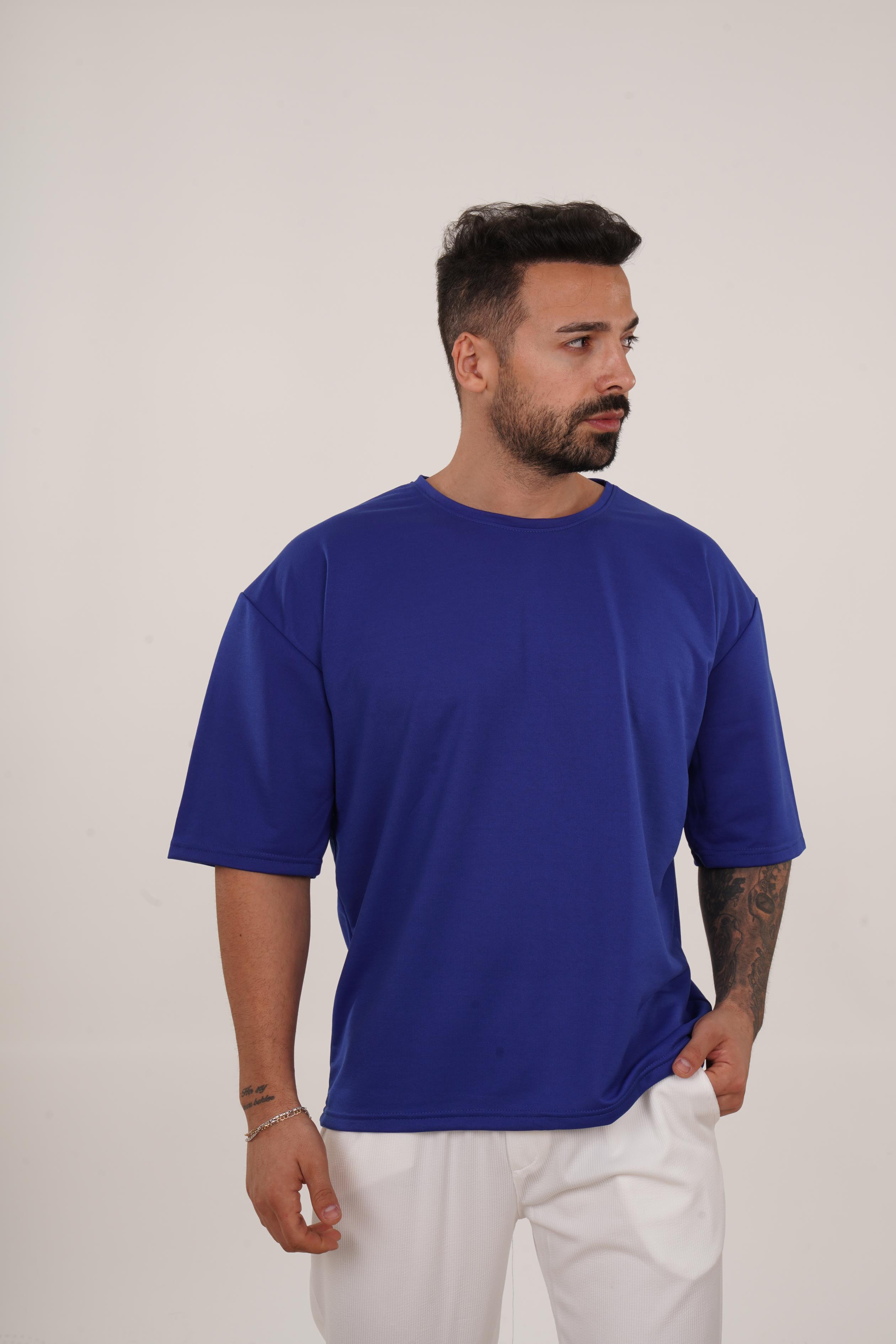 OVERSİZE T-SHİRTSaks Mavi 2 İplik Double Kalıp Oversize T-SHIRT GRK