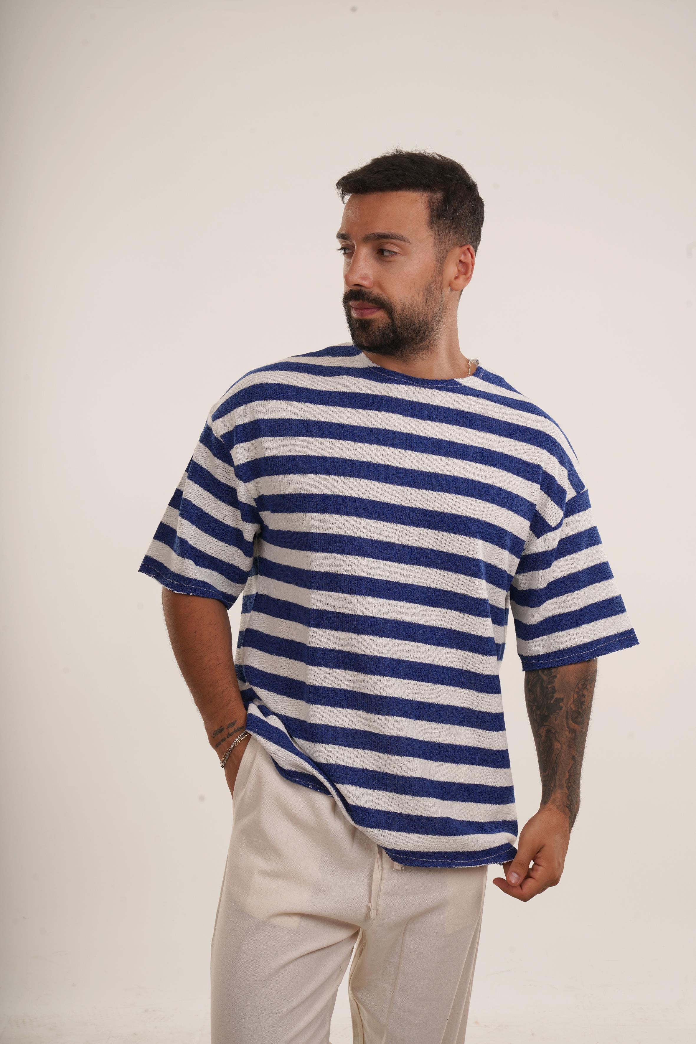 OVERSİZE T-SHİRTSaks Yatay Çizgili Pis Kesim Triko Havlu Tshirt EST E