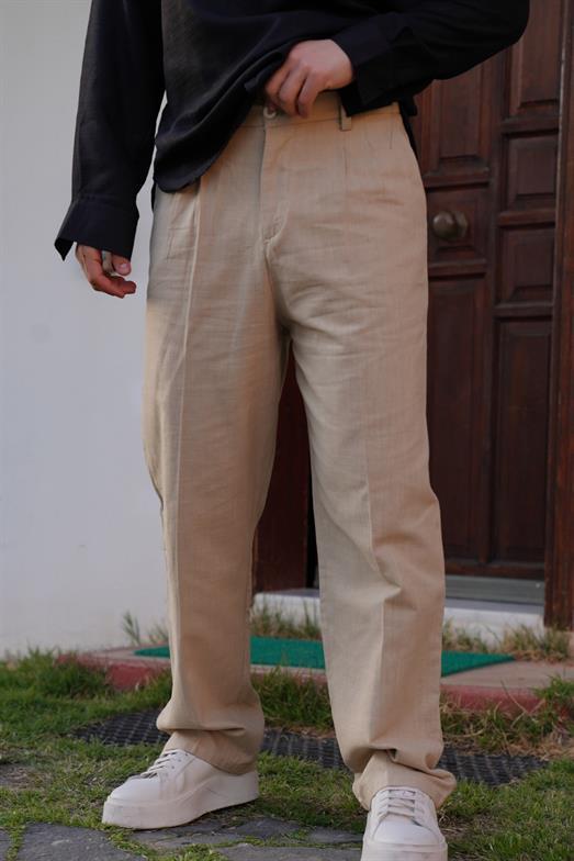 PantalonBej PİLELİ BAGGY KALIP KETEN PANTALON SNZ 3937 2024