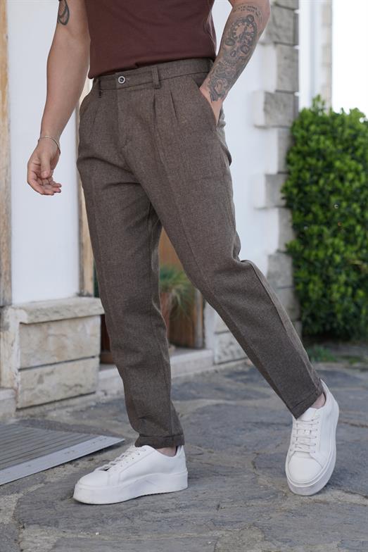 PantalonKahve OLD MONEY İTHAL KUMAŞ DUBLE BORU PAÇA PANTALON SNZ 3900 2024