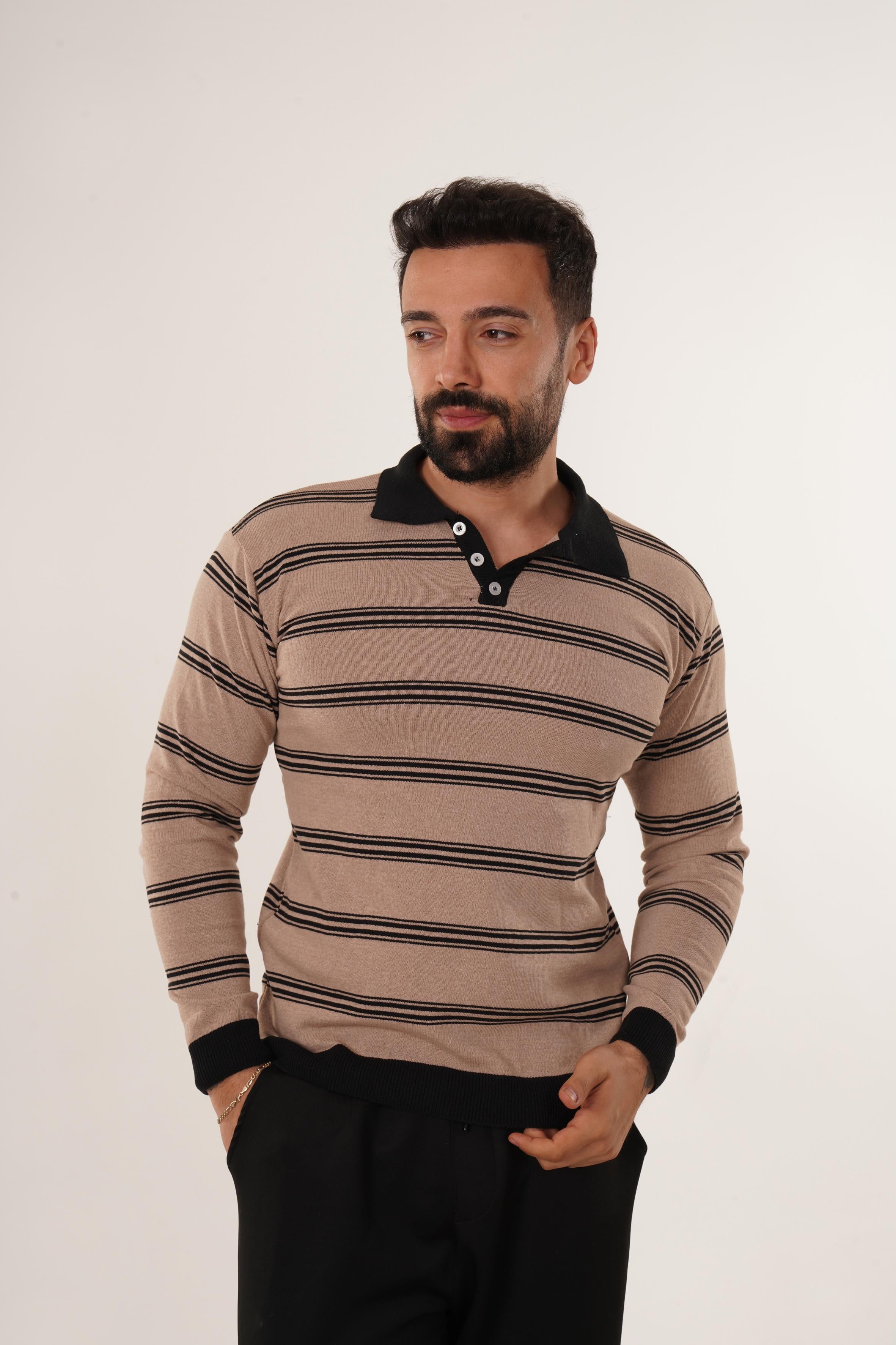 POLO YAKAKrem Çizgili Triko Polo Yaka TB