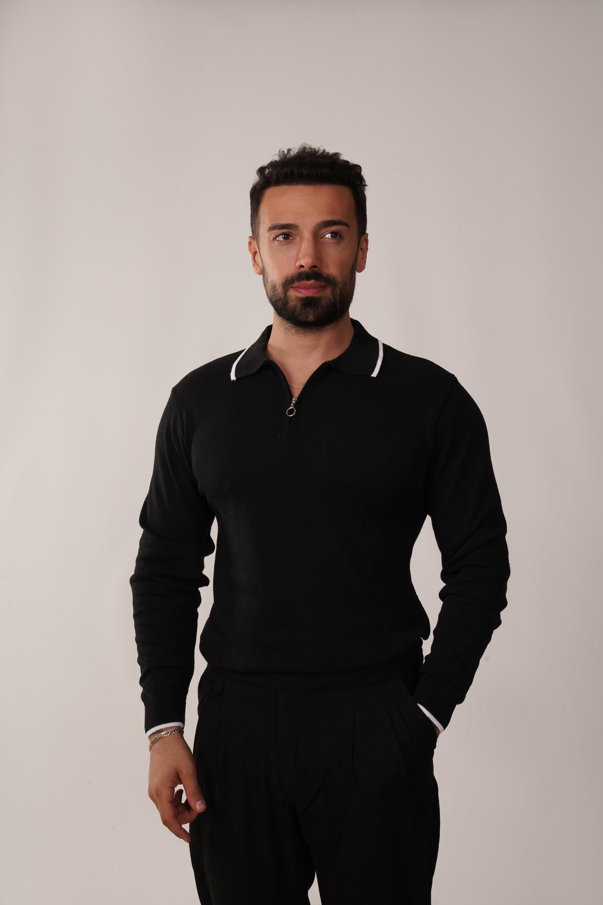 POLO YAKASiyah Fermuarlı Triko Polo Yaka
